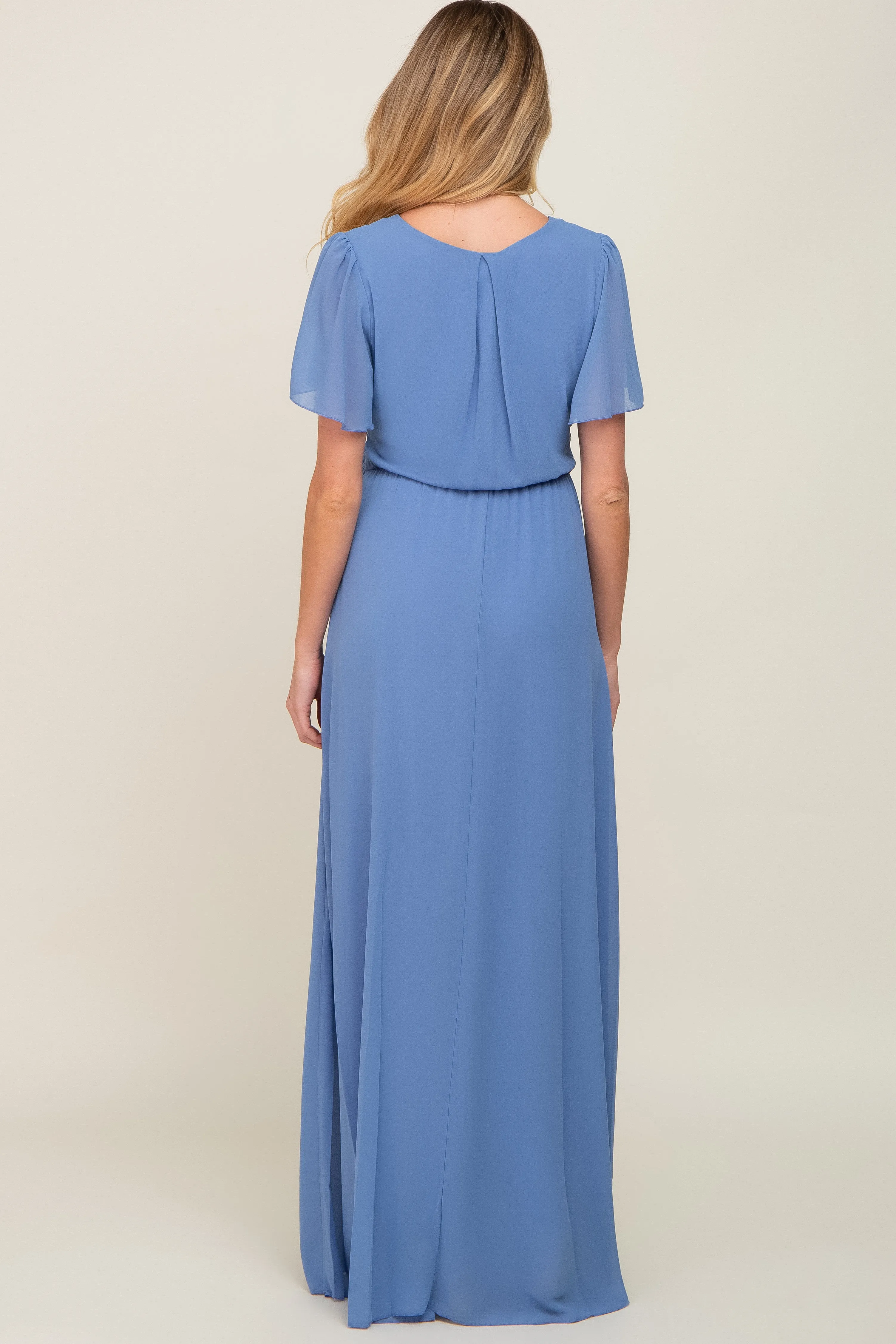 Blue Chiffon Short Sleeve Wrap V-Neck Front Slit Maternity Maxi Dress sold by Pinkblush product image thumbnail 4