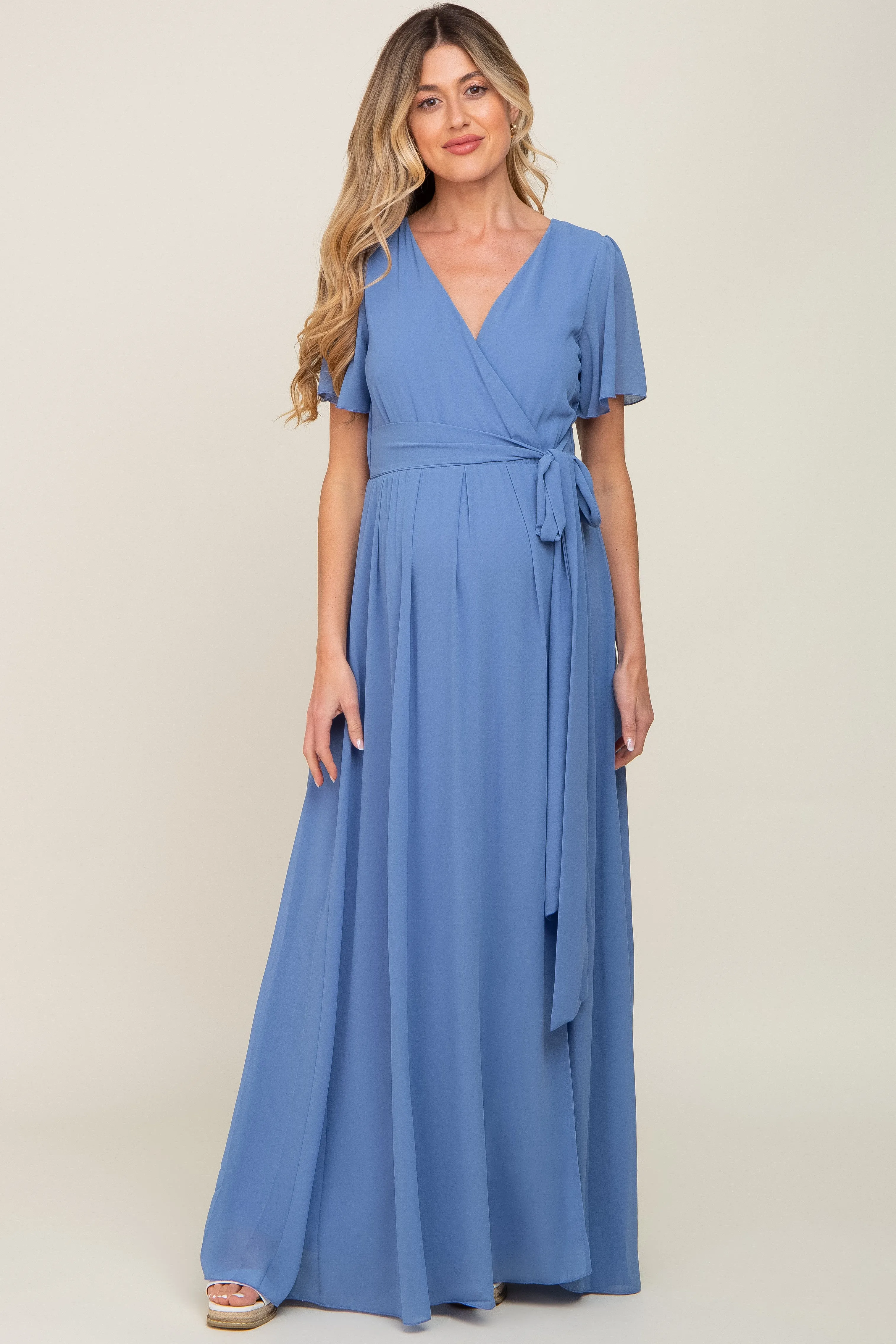 Blue Chiffon Short Sleeve Wrap V-Neck Front Slit Maternity Maxi Dress sold by Pinkblush