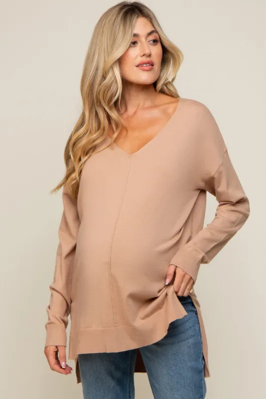 Taupe Oversized Knit Side Slit Maternity Top sold by Pinkblush