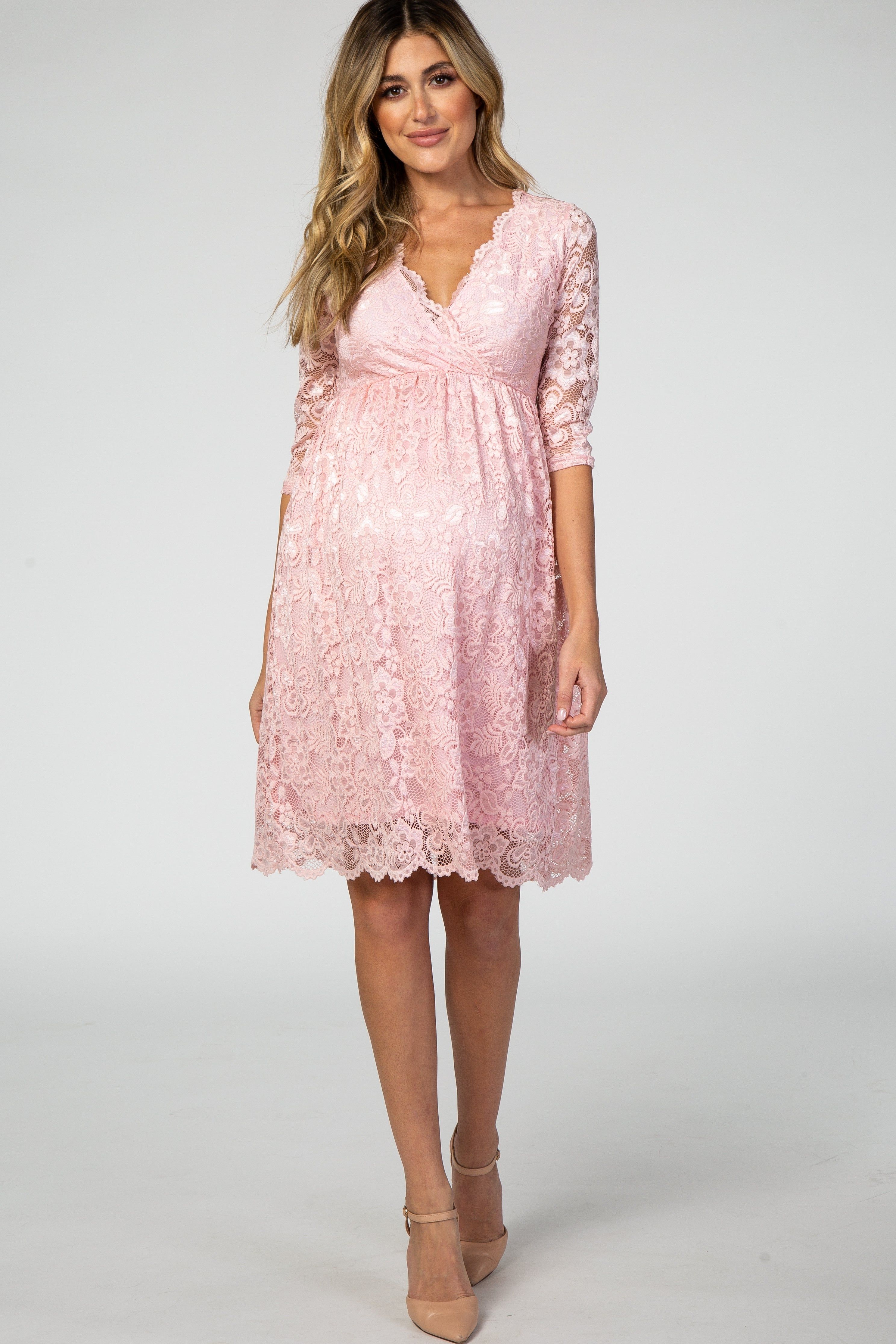 Light Pink 3/4 Sleeve Floral Lace Maternity Nursing Dress sold by Pinkblush