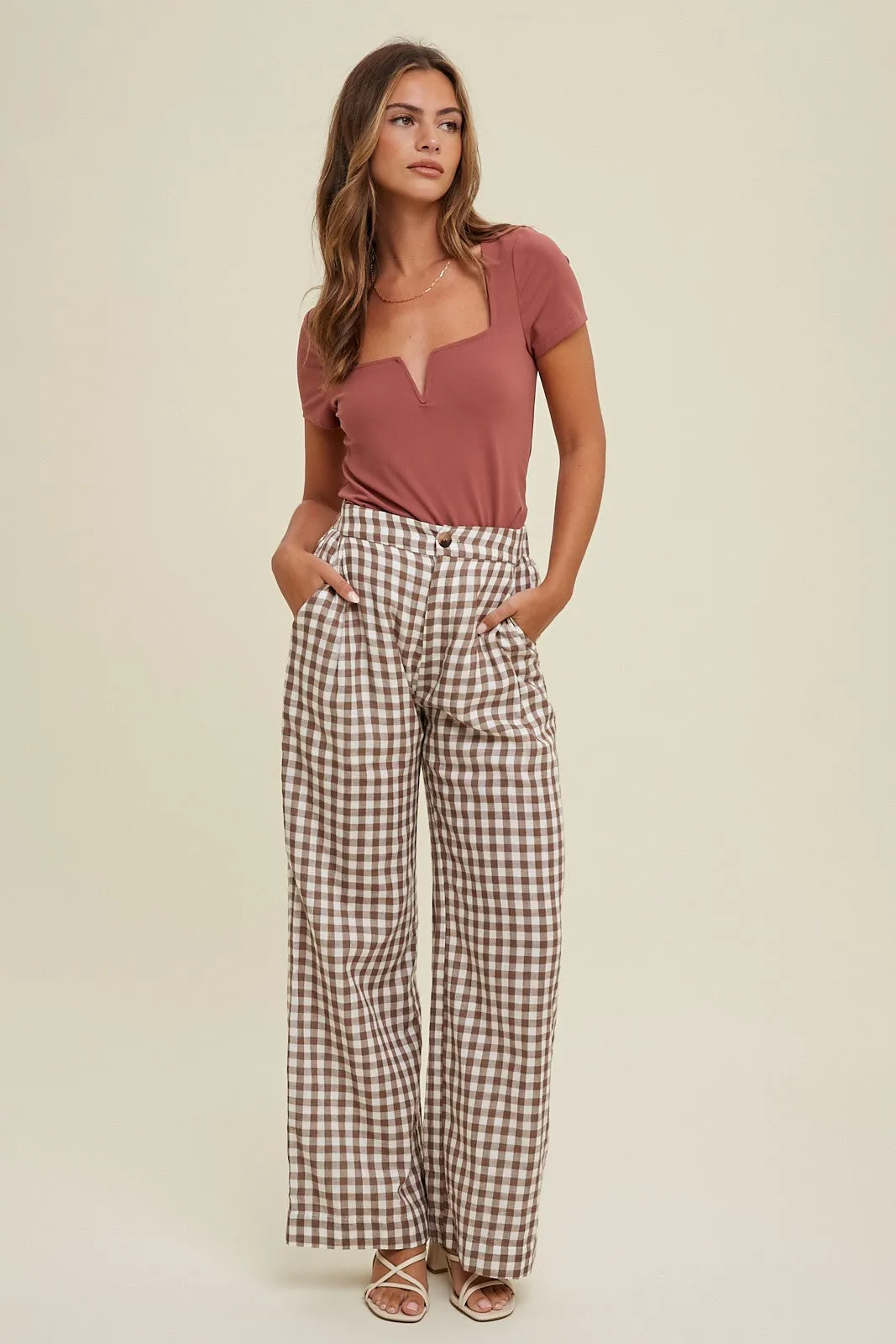 Mocha Checkered Gauze Cotton Pants sold by Pinkblush