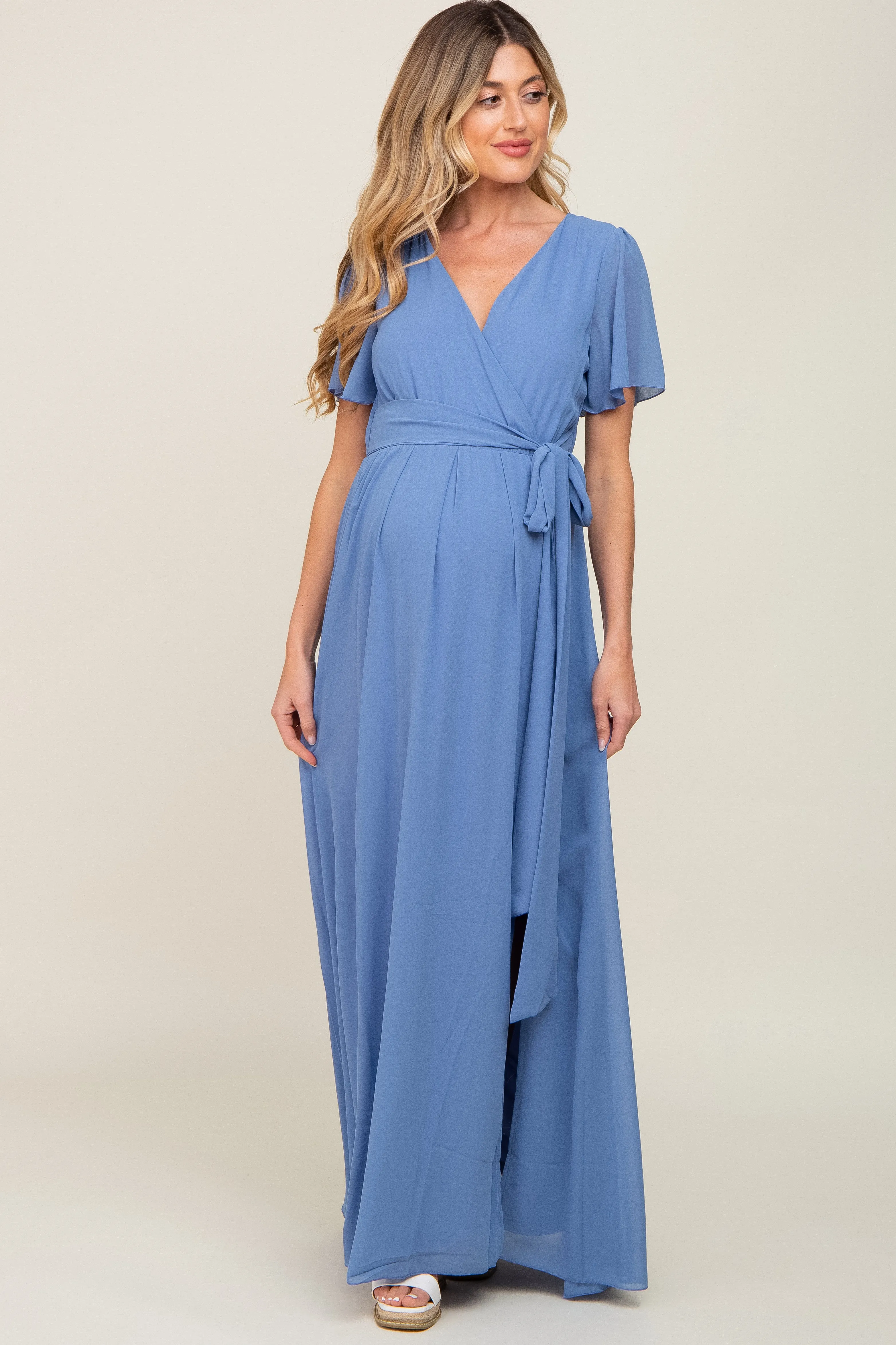 Blue Chiffon Short Sleeve Wrap V-Neck Front Slit Maternity Maxi Dress sold by Pinkblush product image thumbnail 2