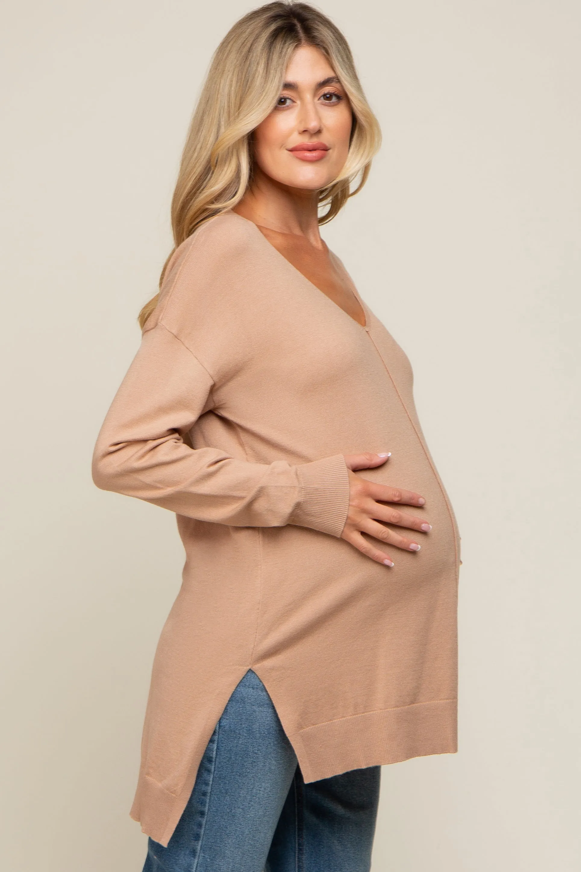 Taupe Oversized Knit Side Slit Maternity Top sold by Pinkblush product image thumbnail 2