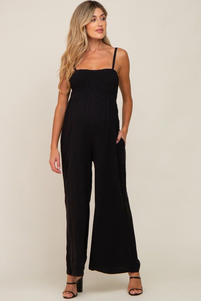 Black Smocked Linen Wide Leg Maternity Jumpsuit sold by Pinkblush product image thumbnail 4
