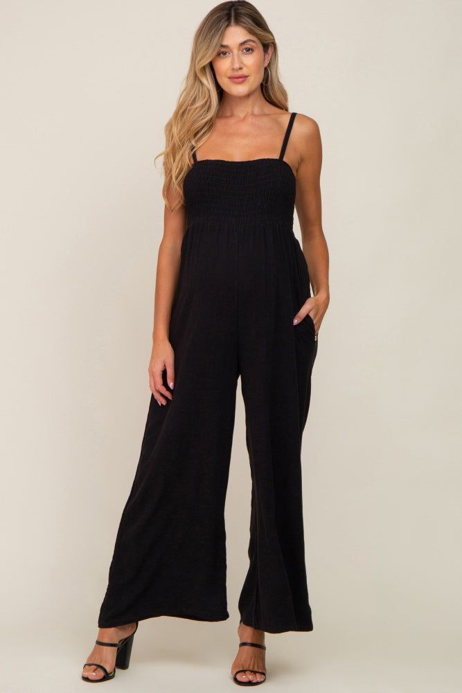 Black Smocked Linen Wide Leg Maternity Jumpsuit sold by Pinkblush