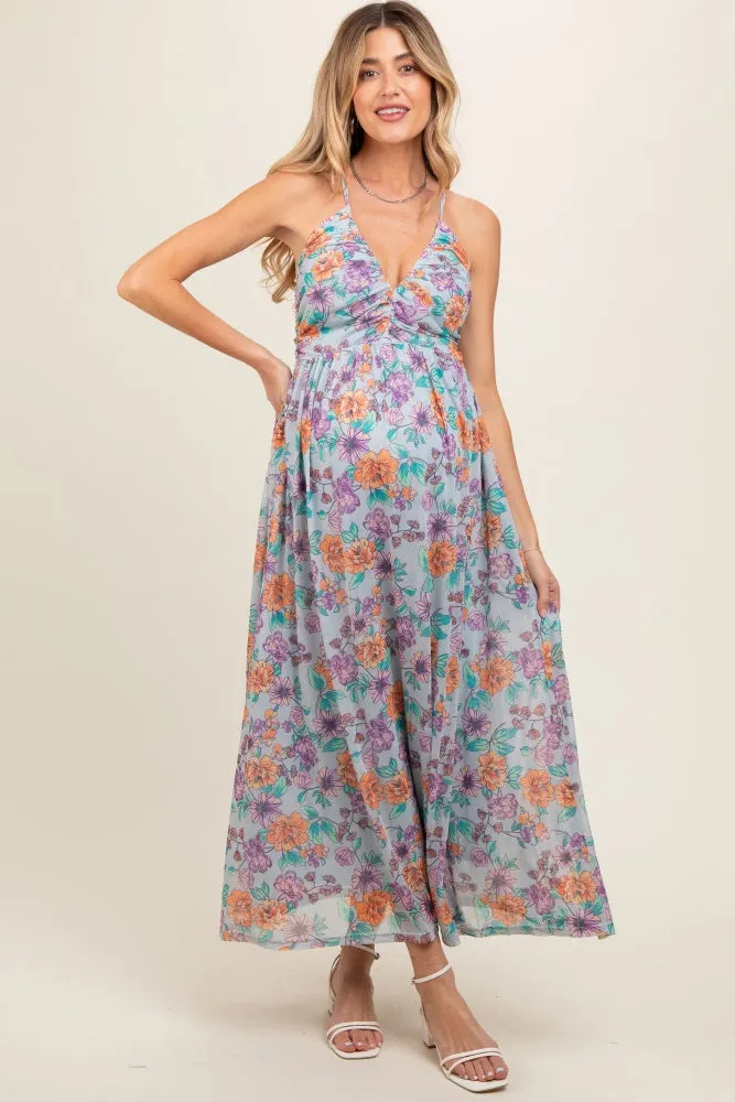 Light Blue Floral Mesh Sleeveless Maternity Maxi Dress sold by Pinkblush