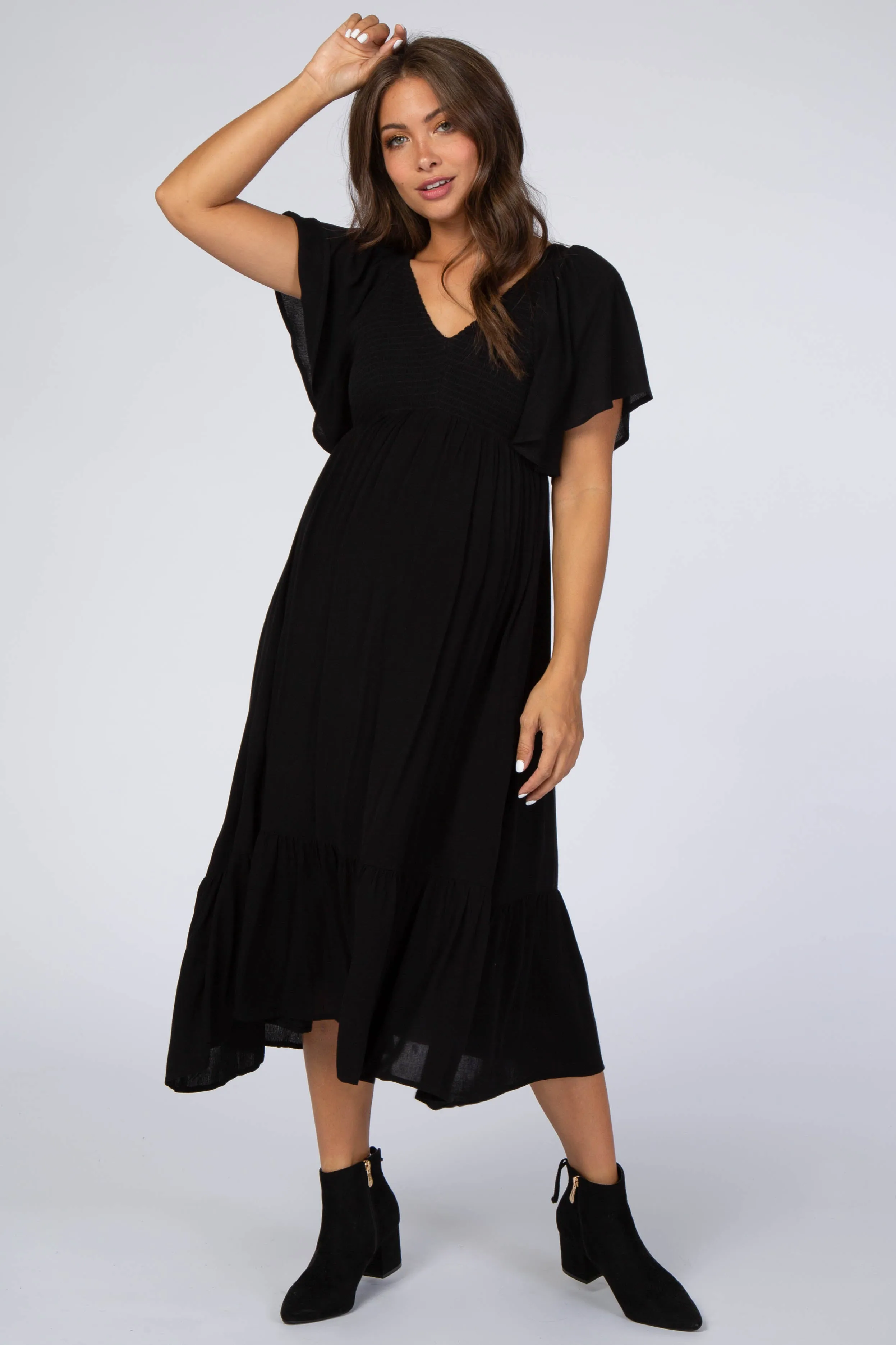 Black Smocked Ruffle Maternity Dress sold by Pinkblush