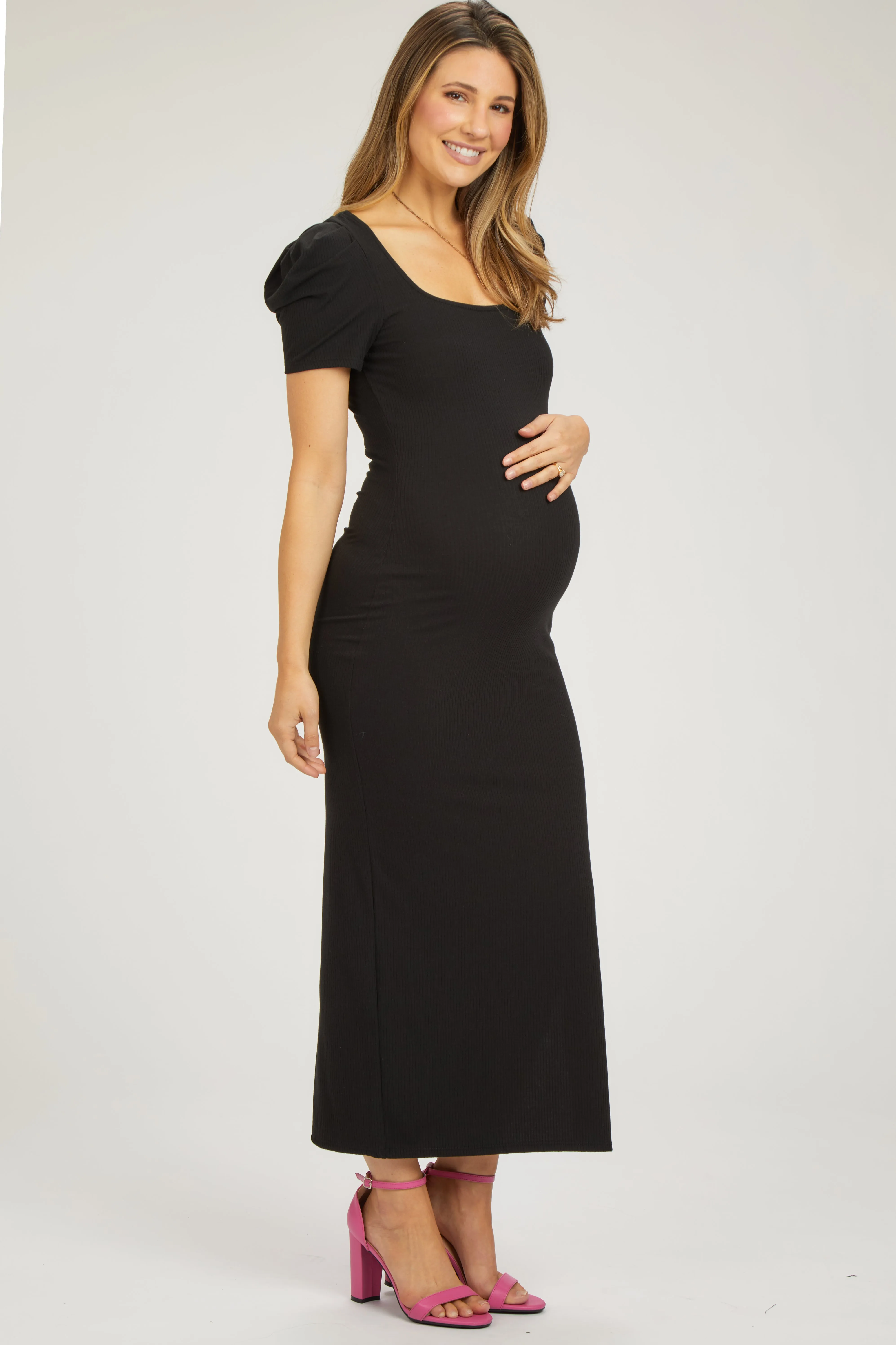 Black Ribbed Square Neck Side Slit Maternity Dress sold by Pinkblush product image thumbnail 2