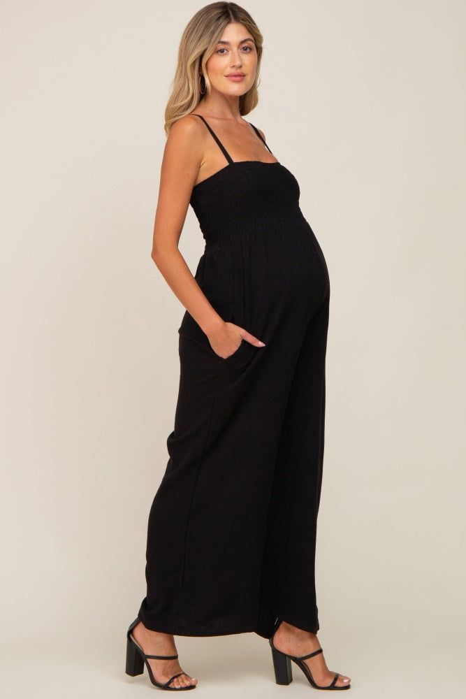 Black Smocked Linen Wide Leg Maternity Jumpsuit sold by Pinkblush product image thumbnail 2