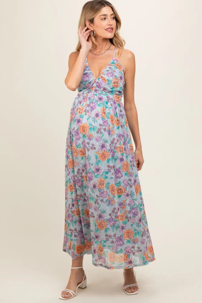 Light Blue Floral Mesh Sleeveless Maternity Maxi Dress sold by Pinkblush product image thumbnail 2
