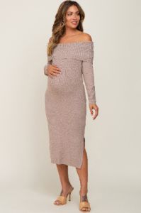 Mocha Off Shoulder Maternity Sweater Dress sold by Pinkblush