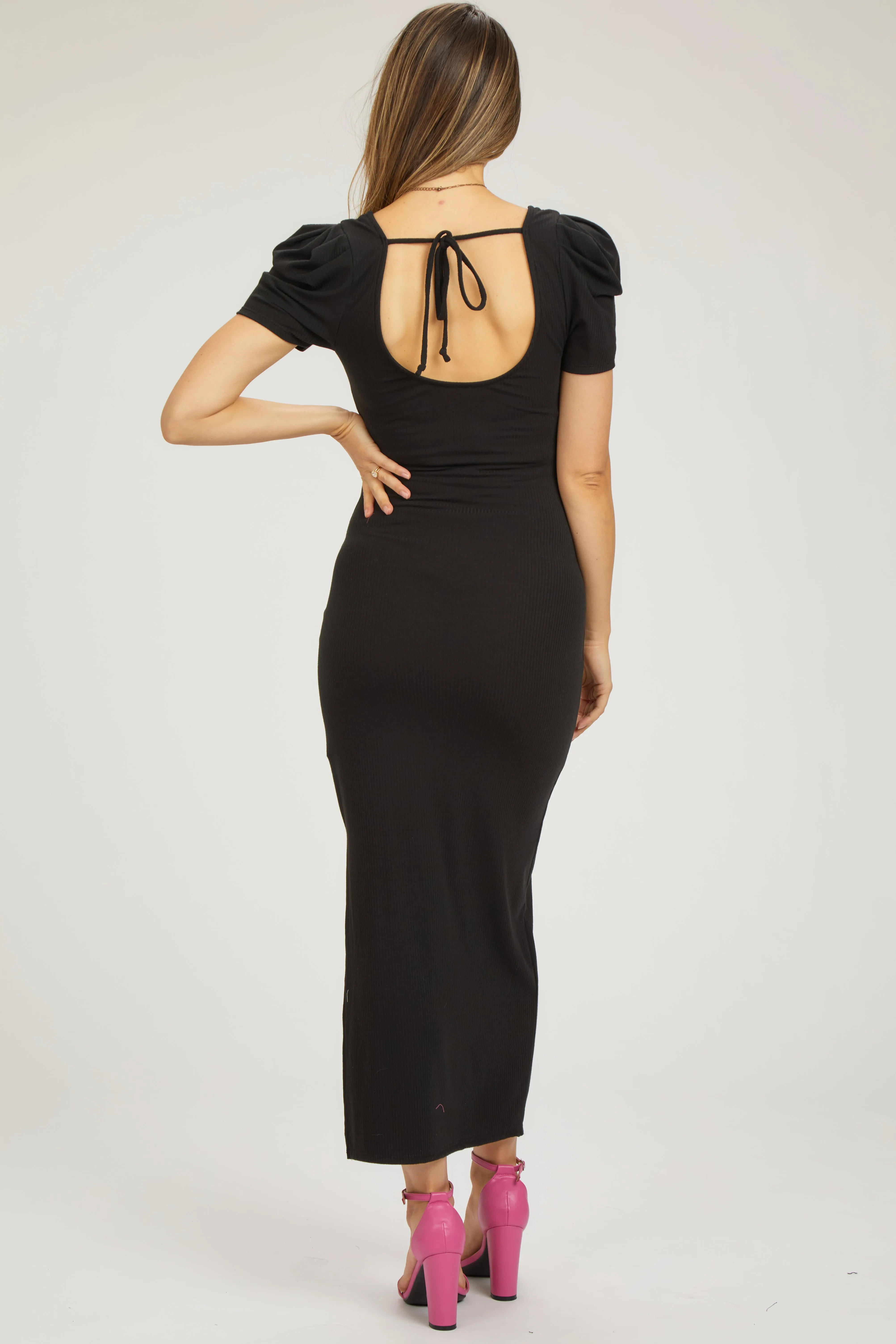 Black Ribbed Square Neck Side Slit Maternity Dress sold by Pinkblush product image thumbnail 3