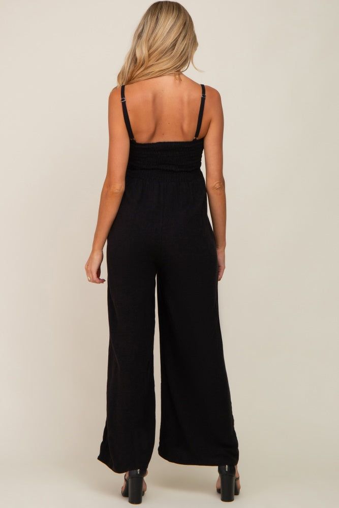Black Smocked Linen Wide Leg Maternity Jumpsuit sold by Pinkblush product image thumbnail 3