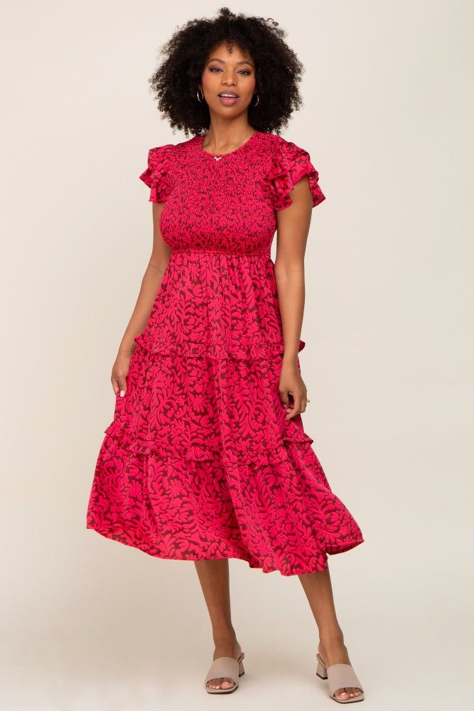 Fuchsia Print Smocked Ruffle Tiered Midi Dress sold by Pinkblush