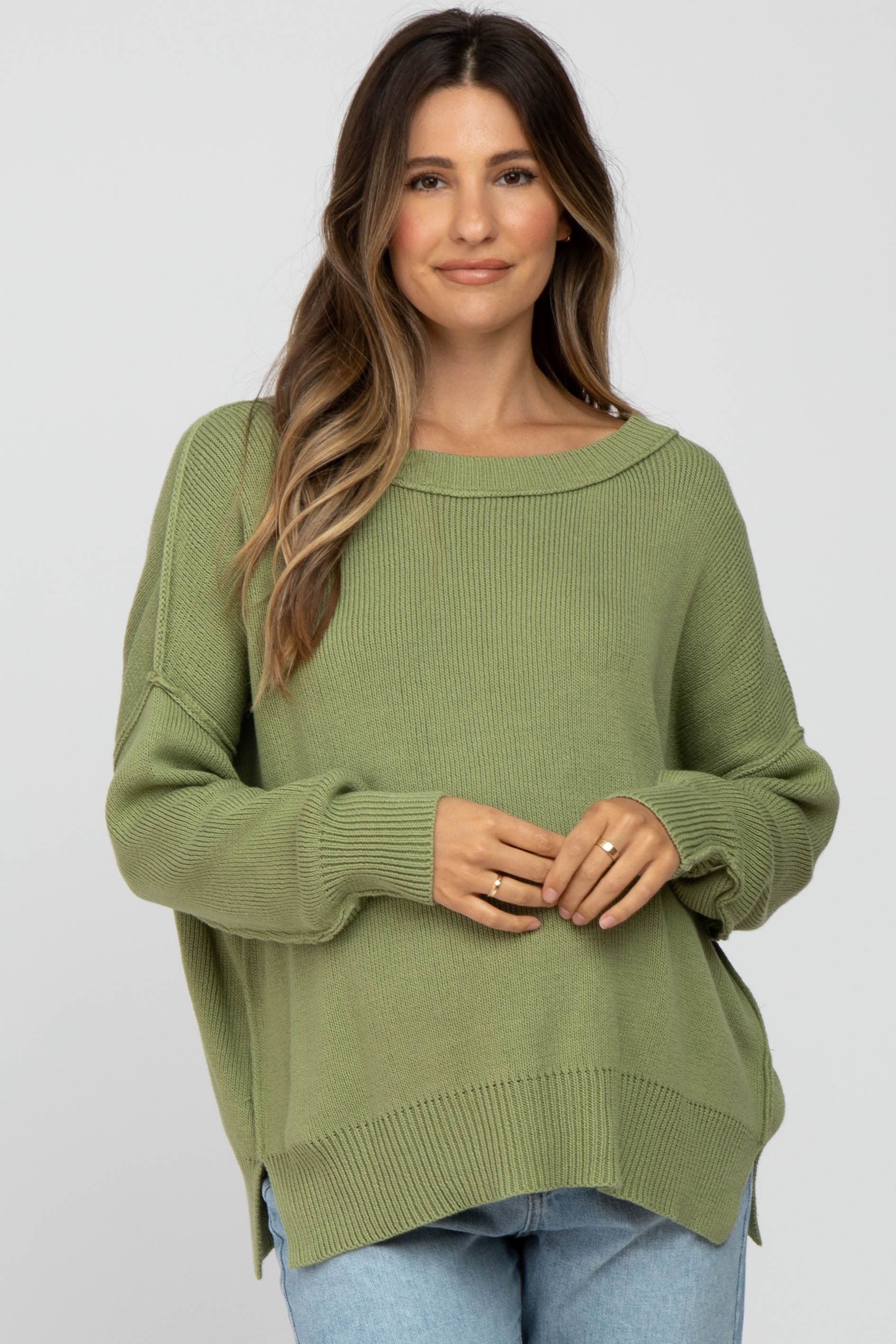 Light Olive Exposed Seam Side Slit Maternity Sweater sold by Pinkblush