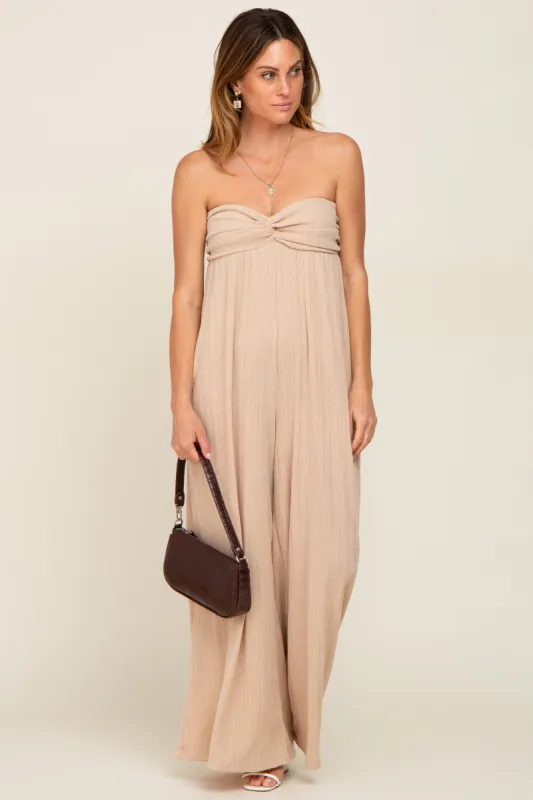 Taupe Strapless Front Twist Jumpsuit sold by Pinkblush