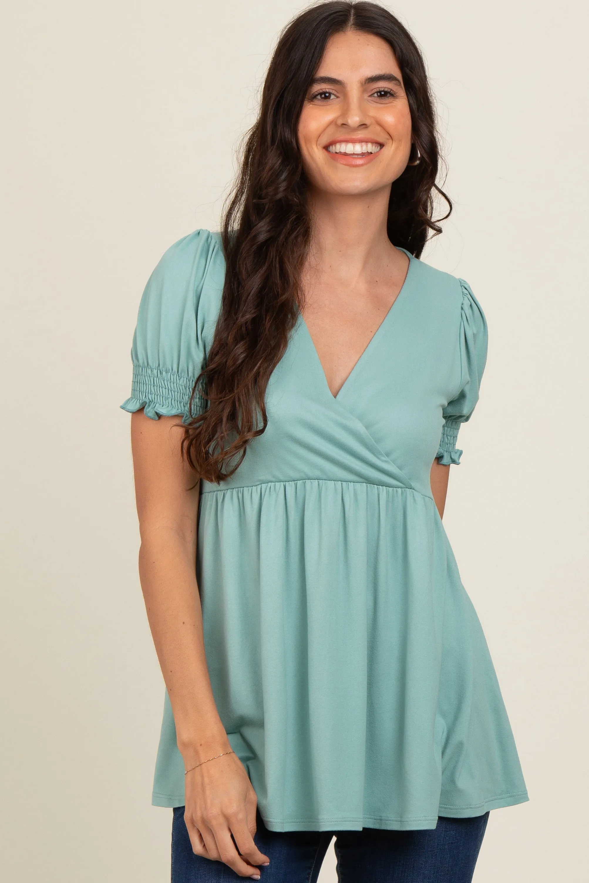 Light Olive Puff Sleeve Crossover Maternity/Nursing Top sold by Pinkblush product image thumbnail 3