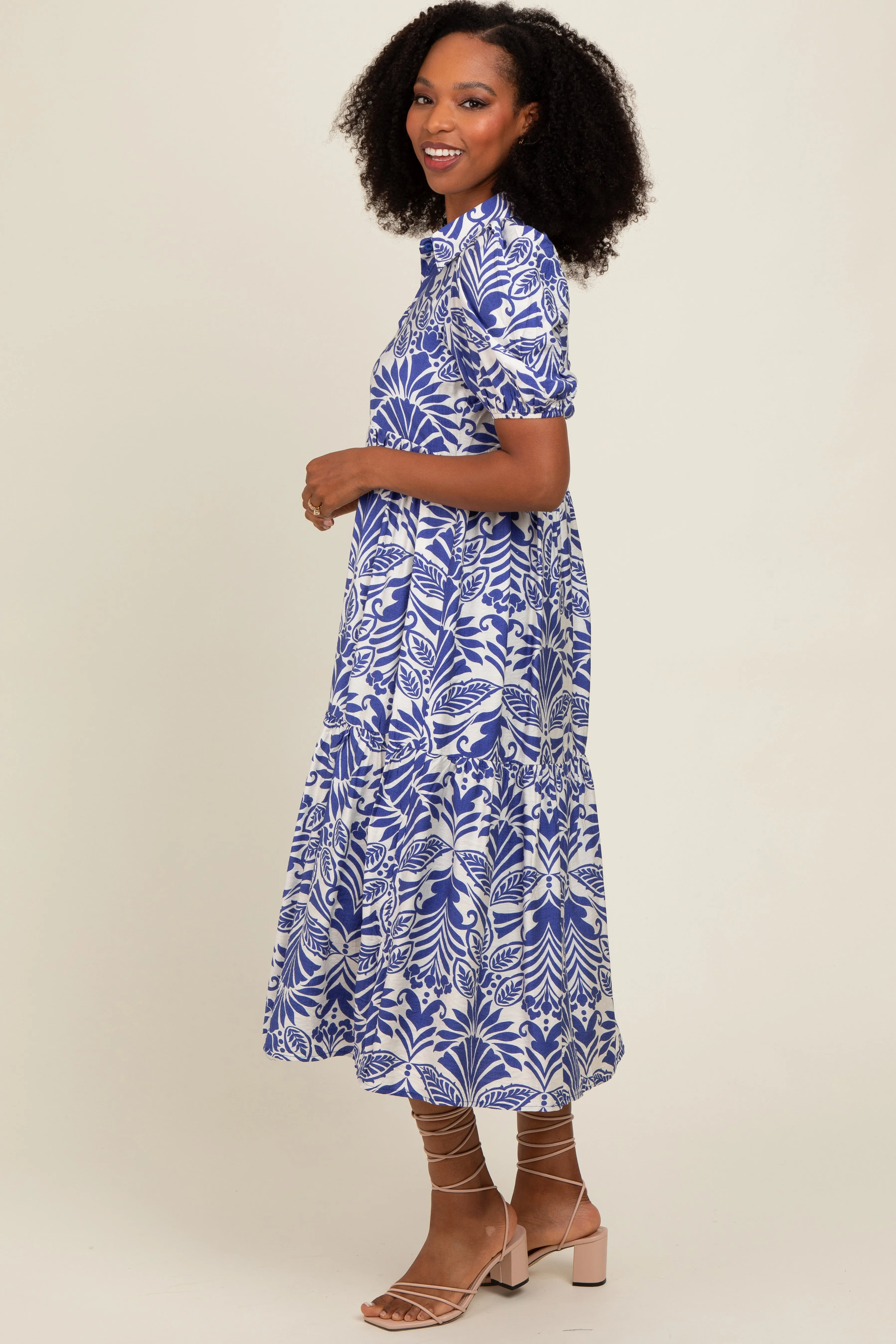 Royal Blue Damask Print Button Down Midi Dress sold by Pinkblush product image thumbnail 3