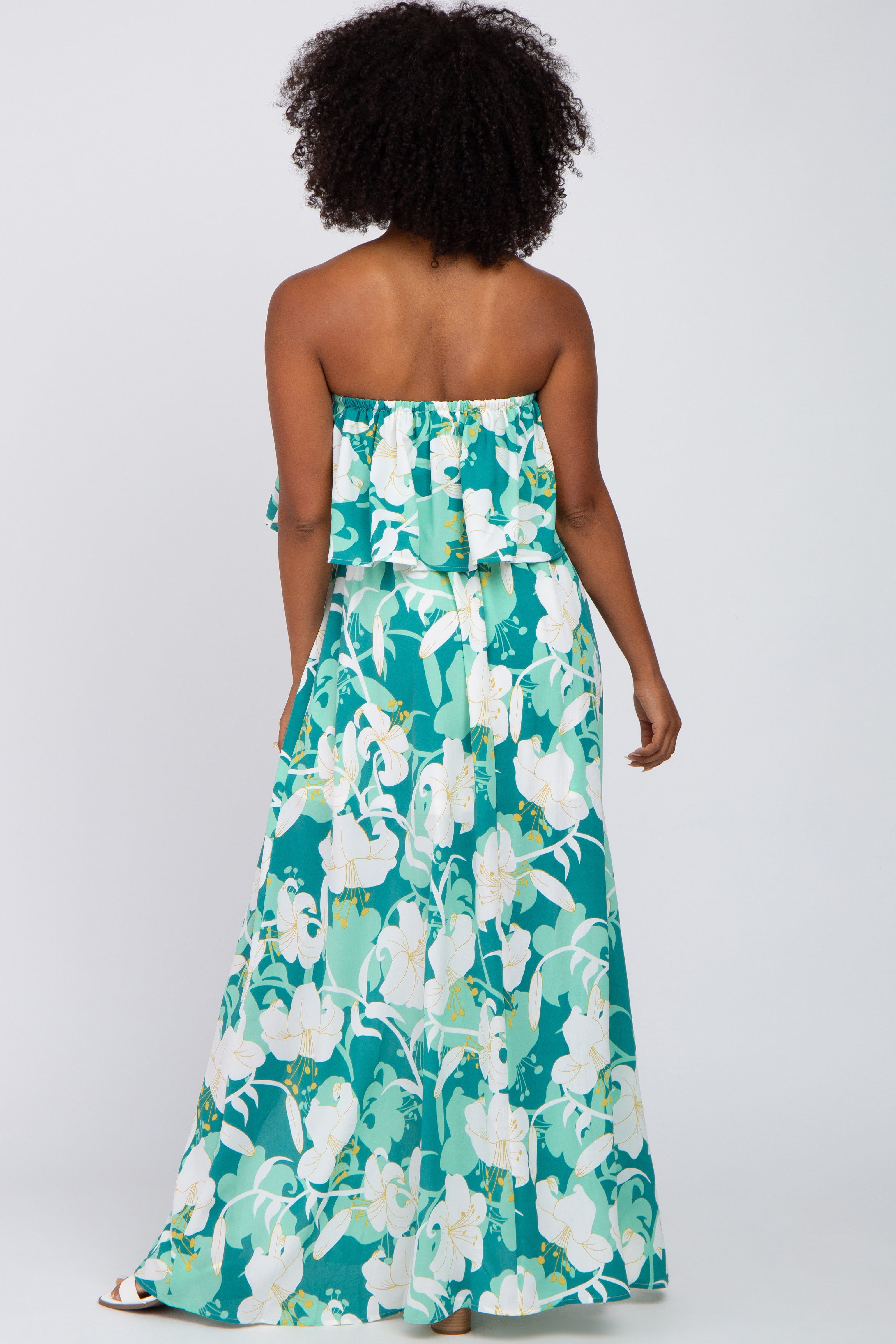 Green Floral Flounce Strapless Maxi Dress sold by Pinkblush product image thumbnail 3