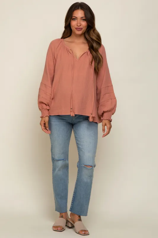 Mauve Tie Front Long Sleeve Maternity Blouse sold by Pinkblush
