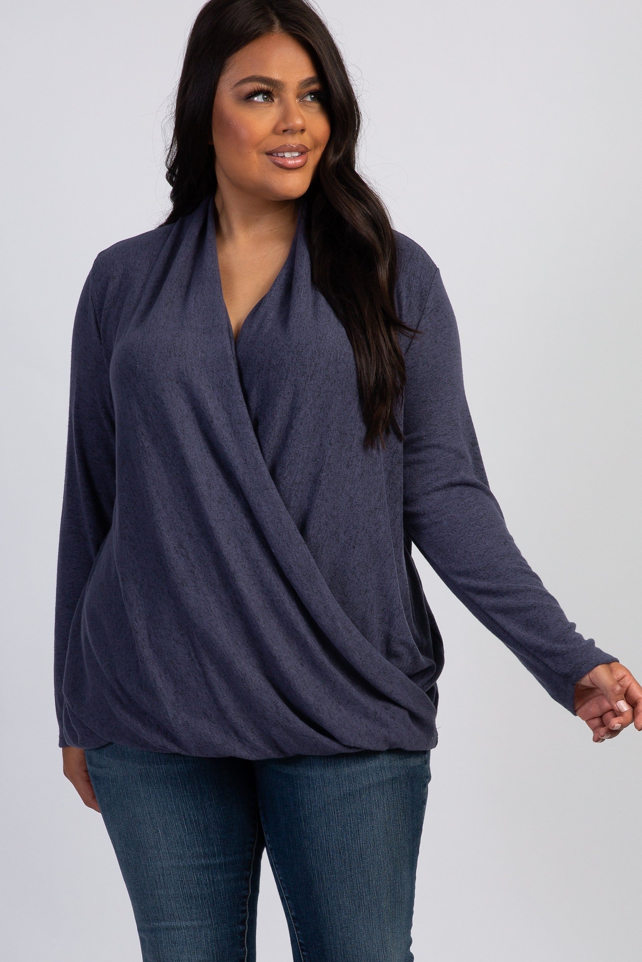 PinkBlush Navy Blue Draped Wrap Plus Nursing Top sold by Pinkblush