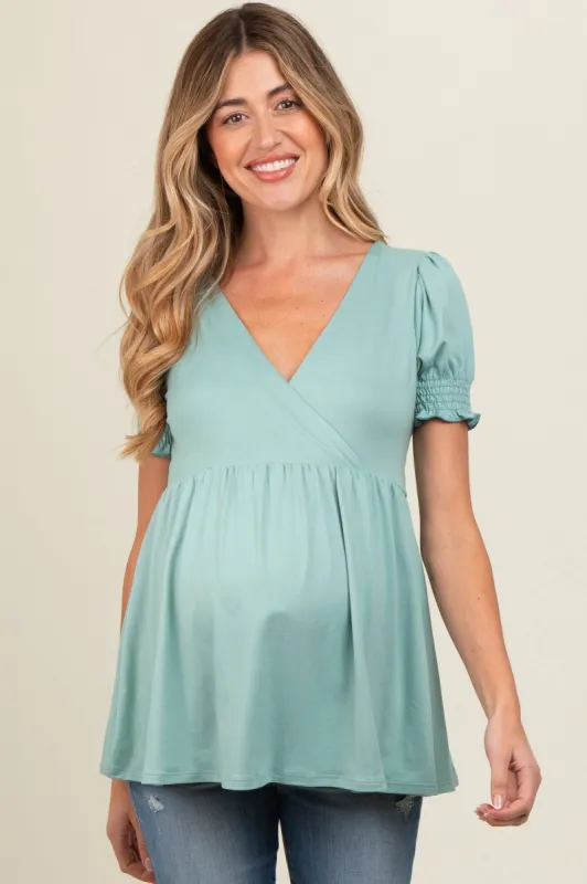 Light Olive Puff Sleeve Crossover Maternity/Nursing Top sold by Pinkblush