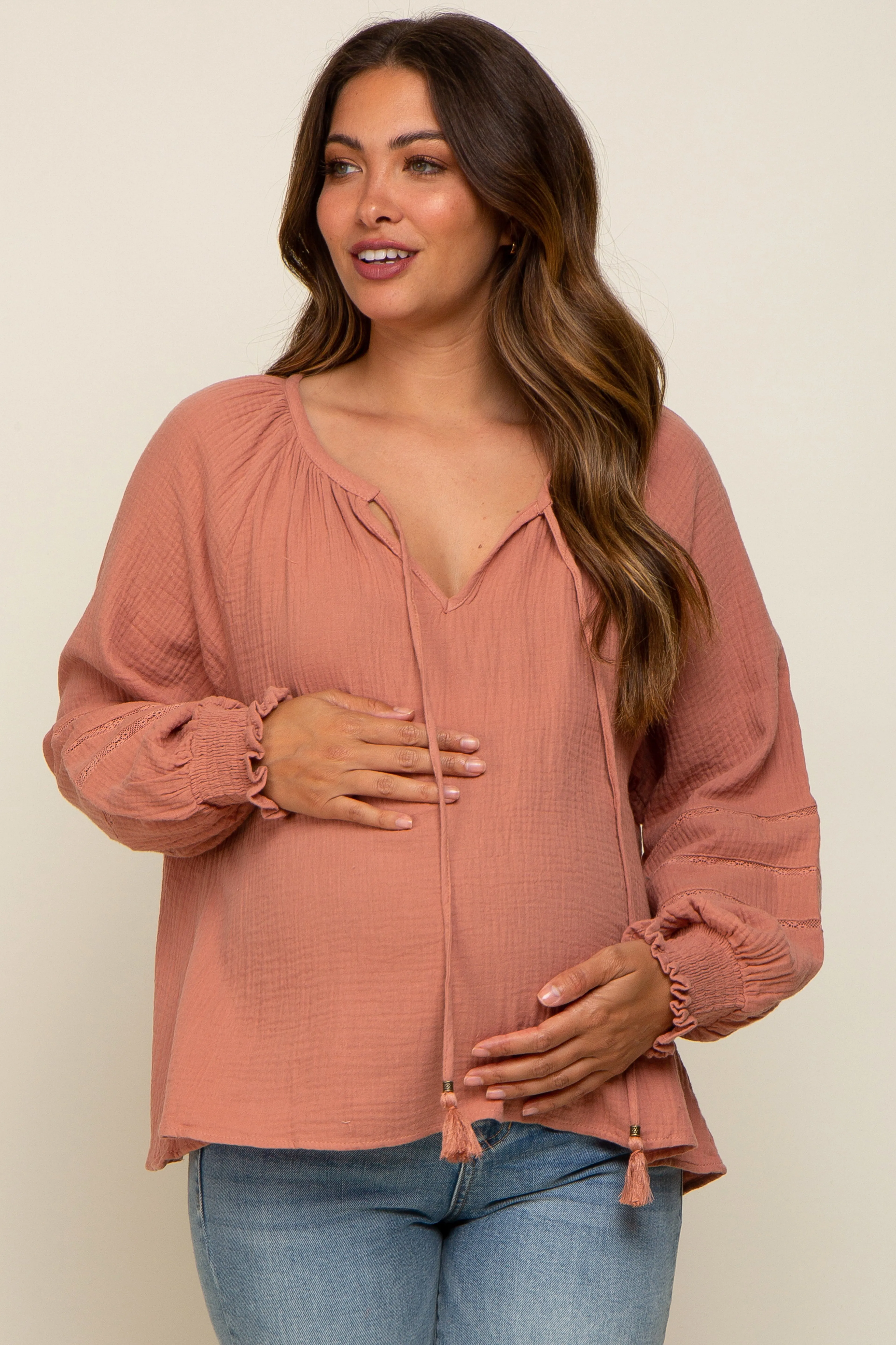 Mauve Tie Front Long Sleeve Maternity Blouse sold by Pinkblush product image thumbnail 2