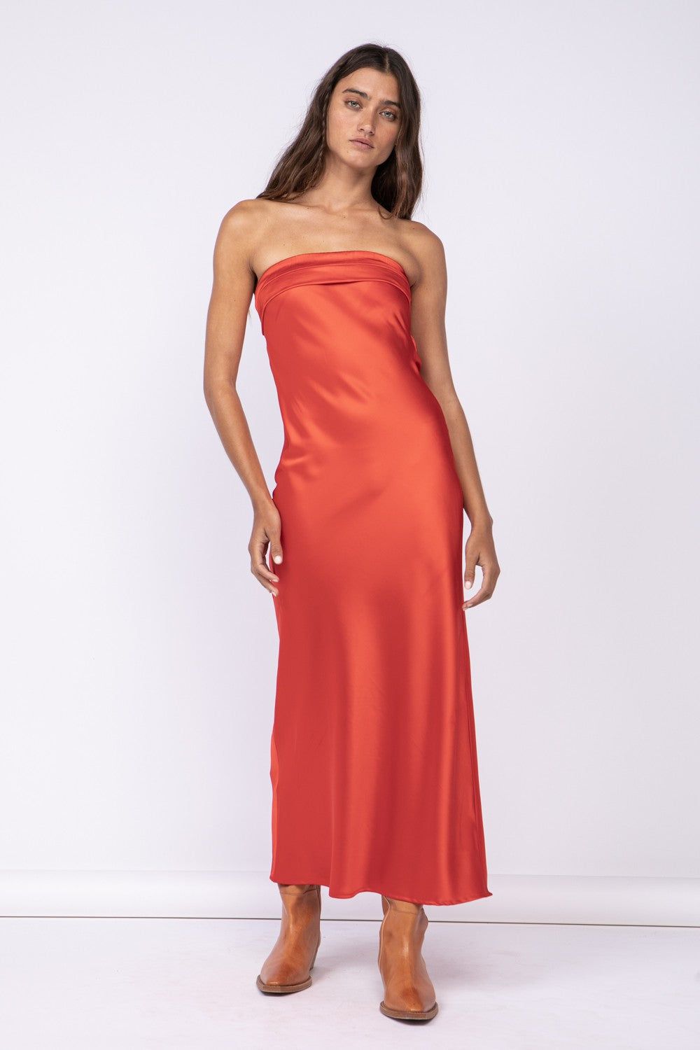 Rust Satin Strapless Midi Dress sold by Pinkblush product image thumbnail 3