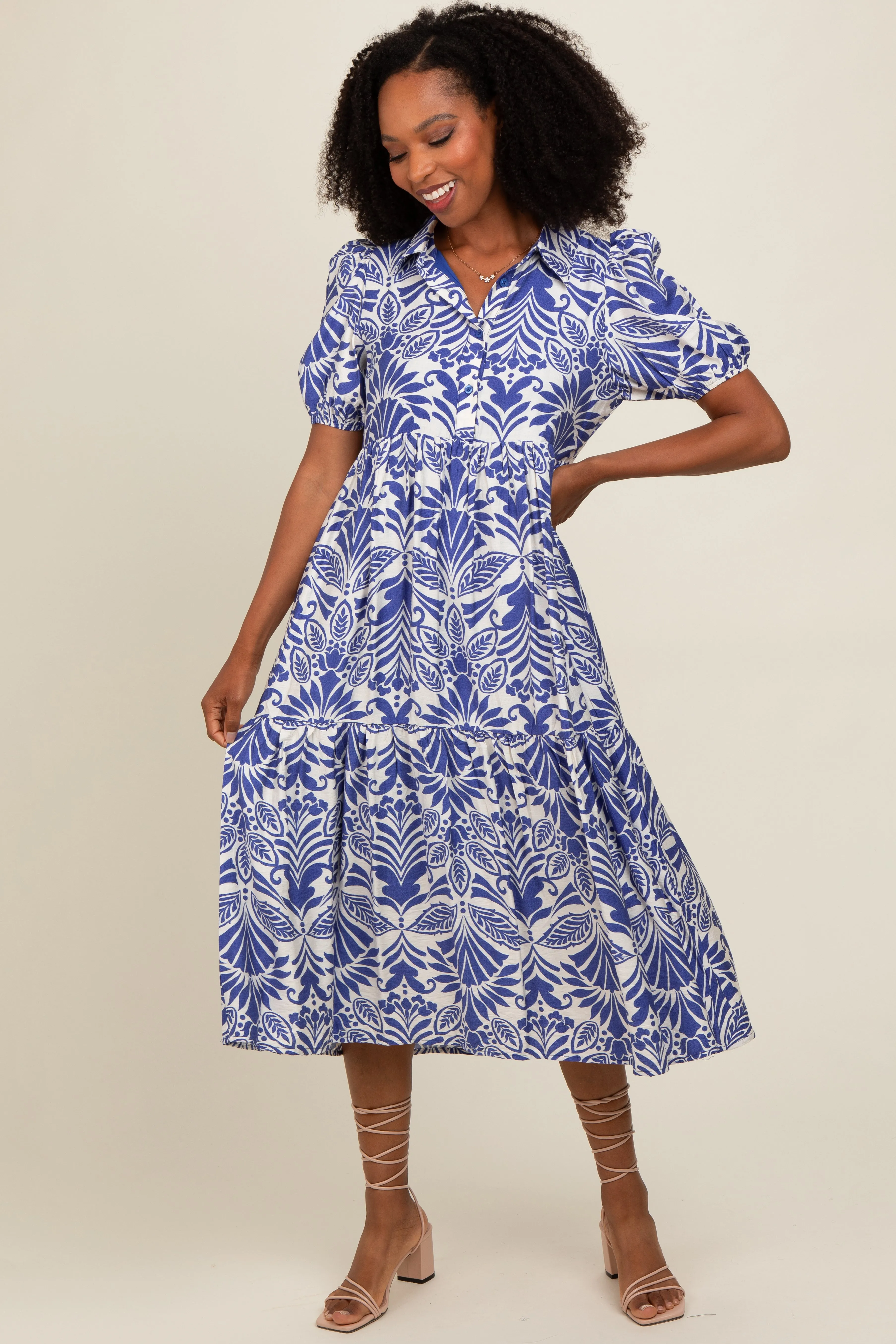 Royal Blue Damask Print Button Down Midi Dress sold by Pinkblush product image thumbnail 2