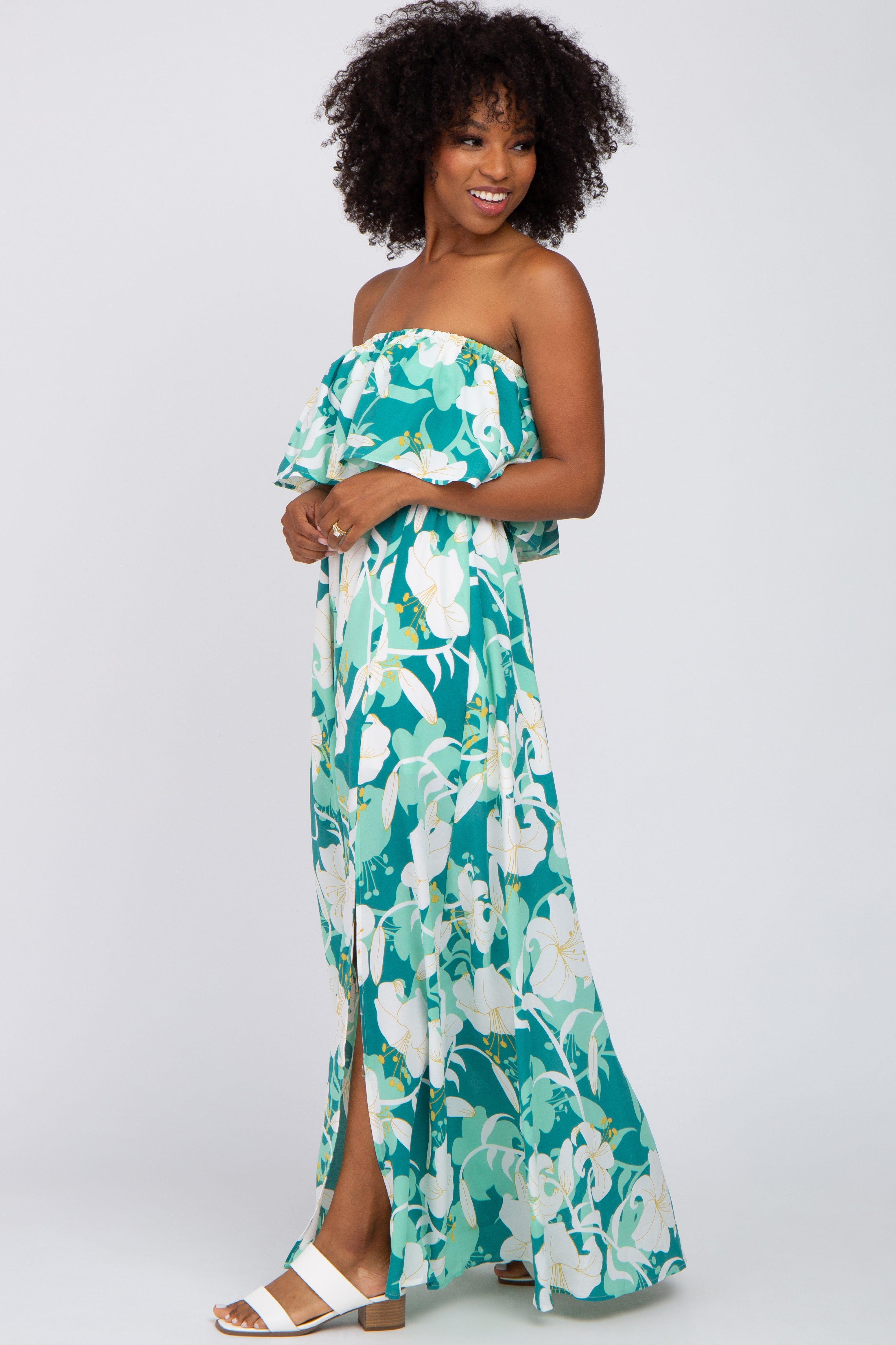 Green Floral Flounce Strapless Maxi Dress sold by Pinkblush product image thumbnail 2