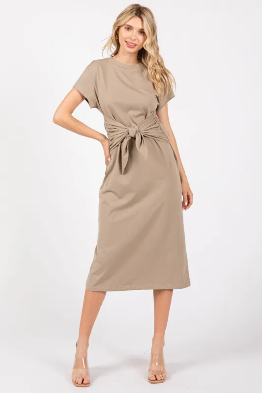 Mocha Tie Front Round Neck Knit Midi Dress sold by Pinkblush