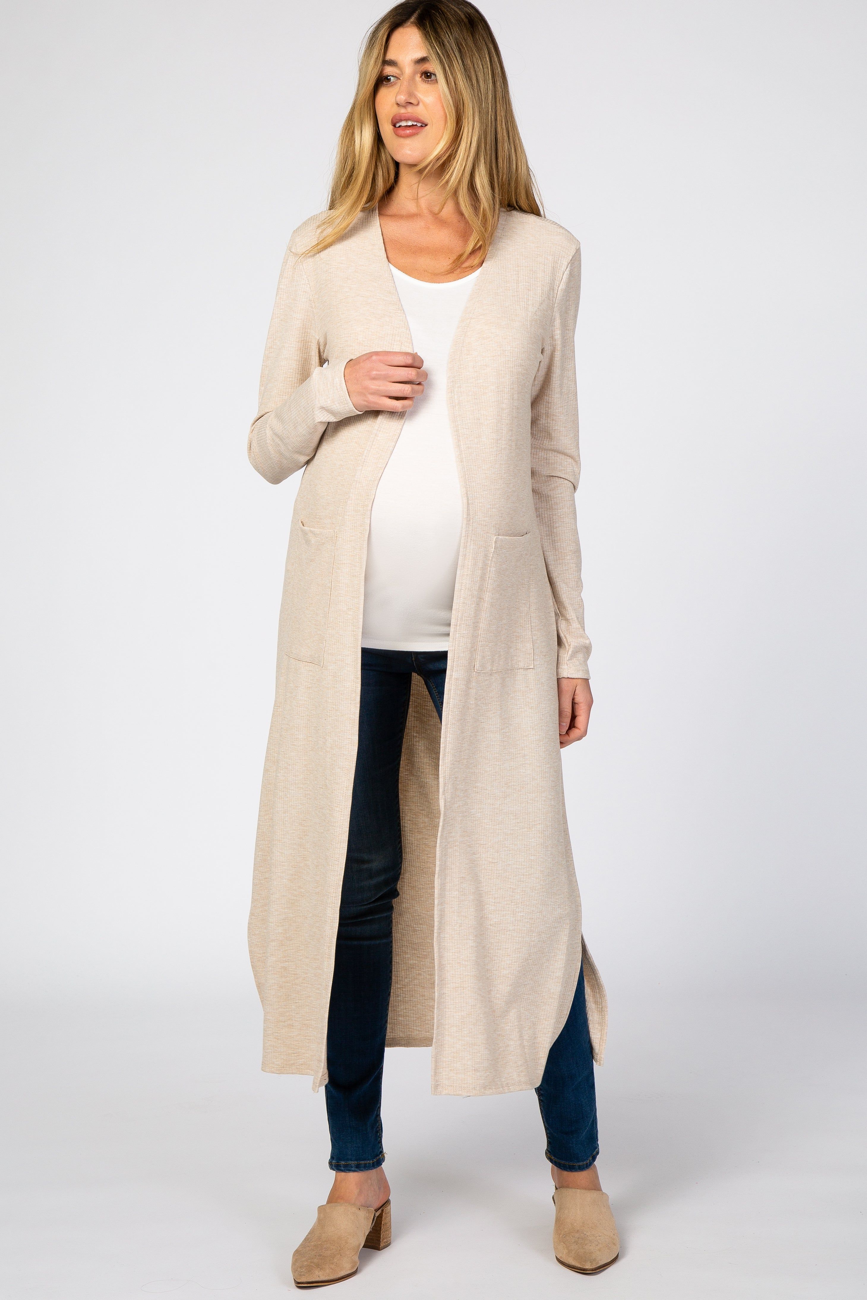 Beige Ribbed Long Sleeve Maternity Duster Cardigan sold by Pinkblush product image thumbnail 4