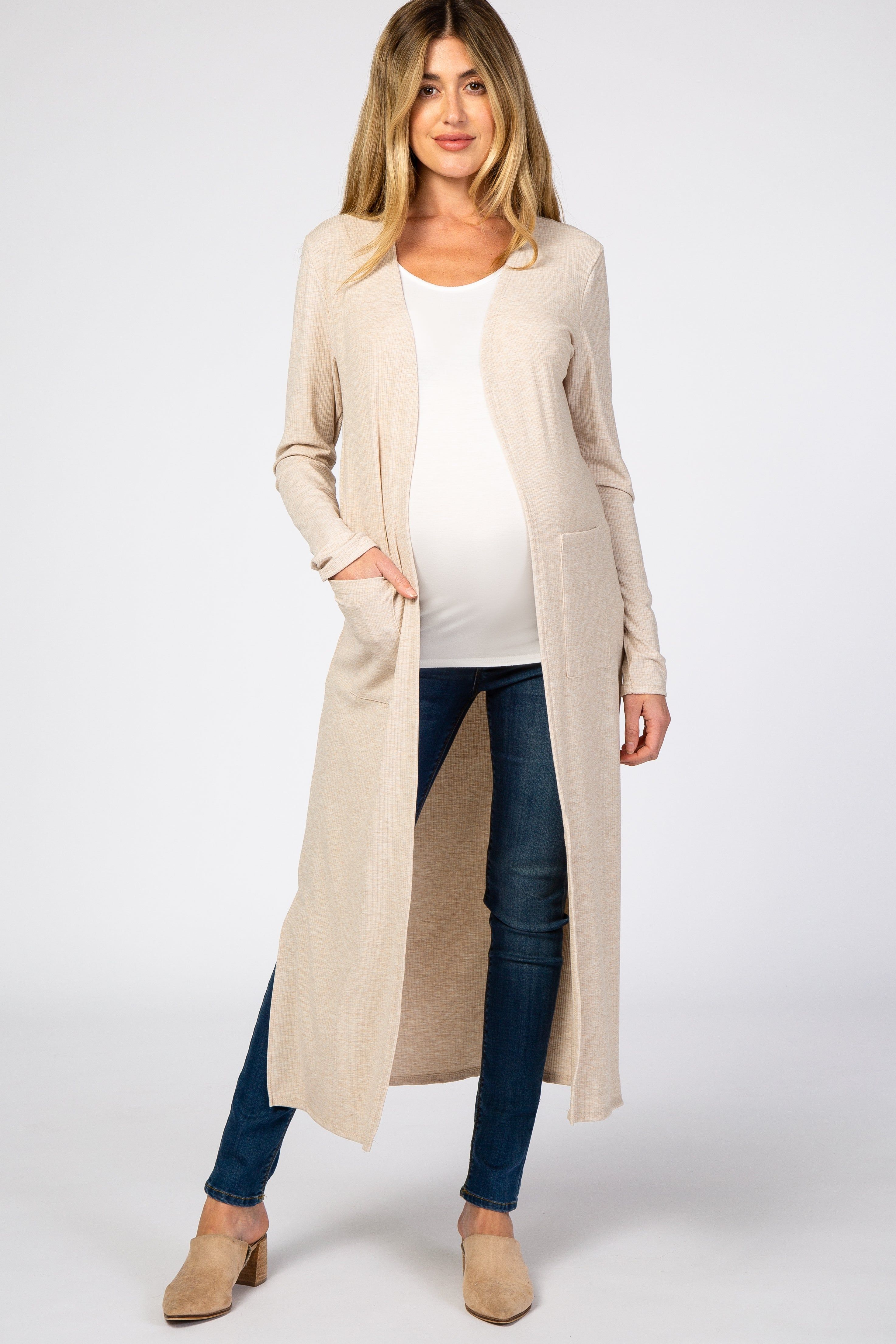 Beige Ribbed Long Sleeve Maternity Duster Cardigan sold by Pinkblush