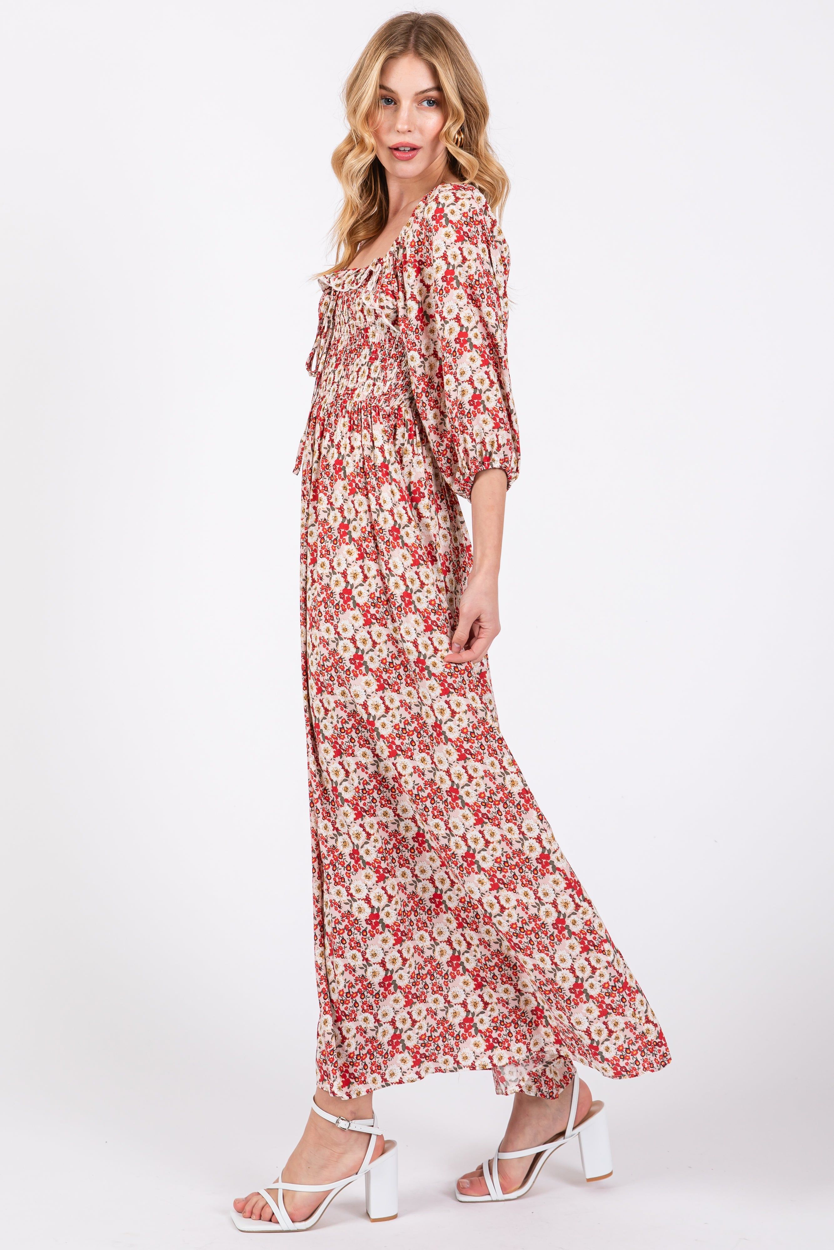 Red Abstract Floral Smocked Maxi Dress sold by Pinkblush product image thumbnail 2