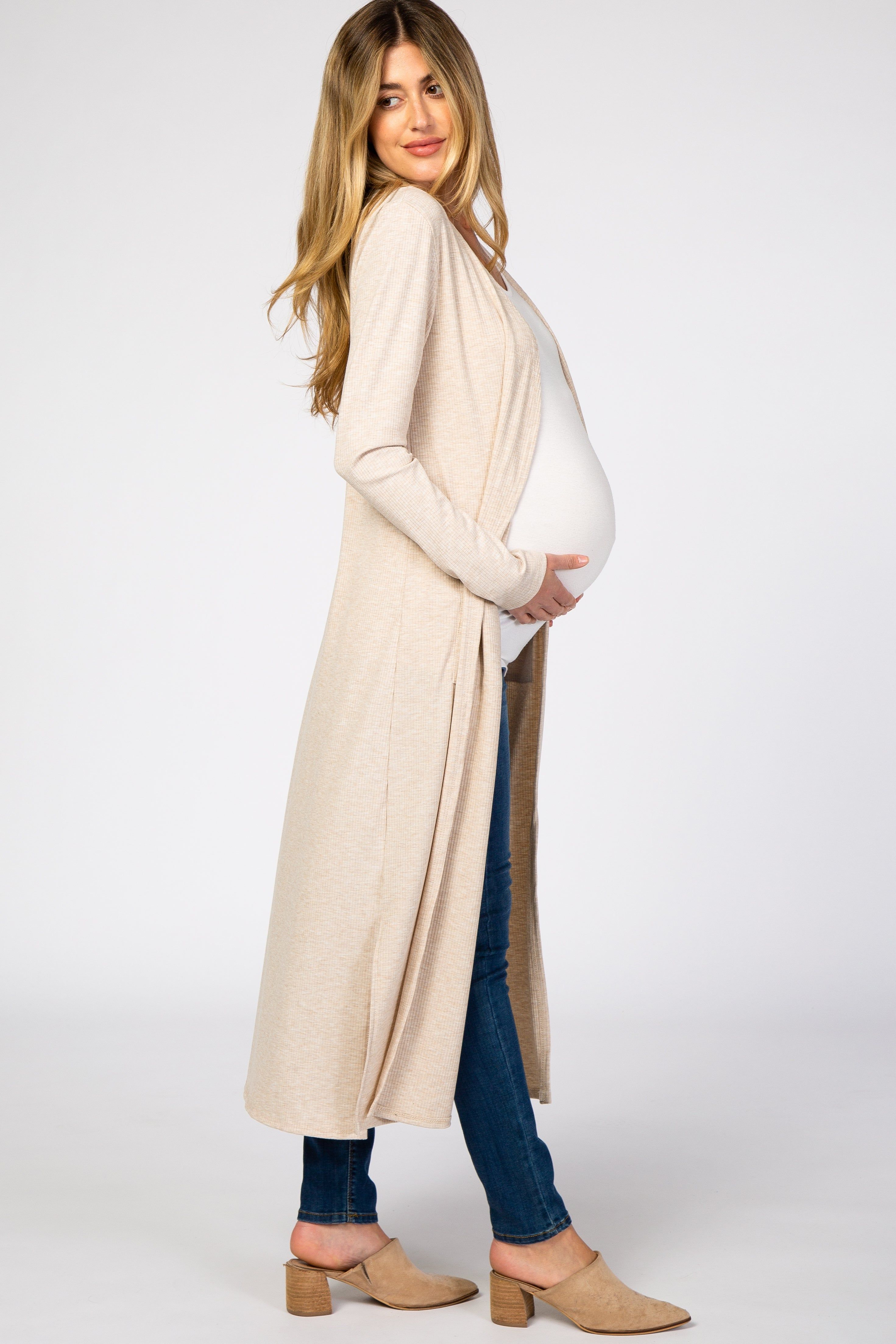Beige Ribbed Long Sleeve Maternity Duster Cardigan sold by Pinkblush product image thumbnail 2