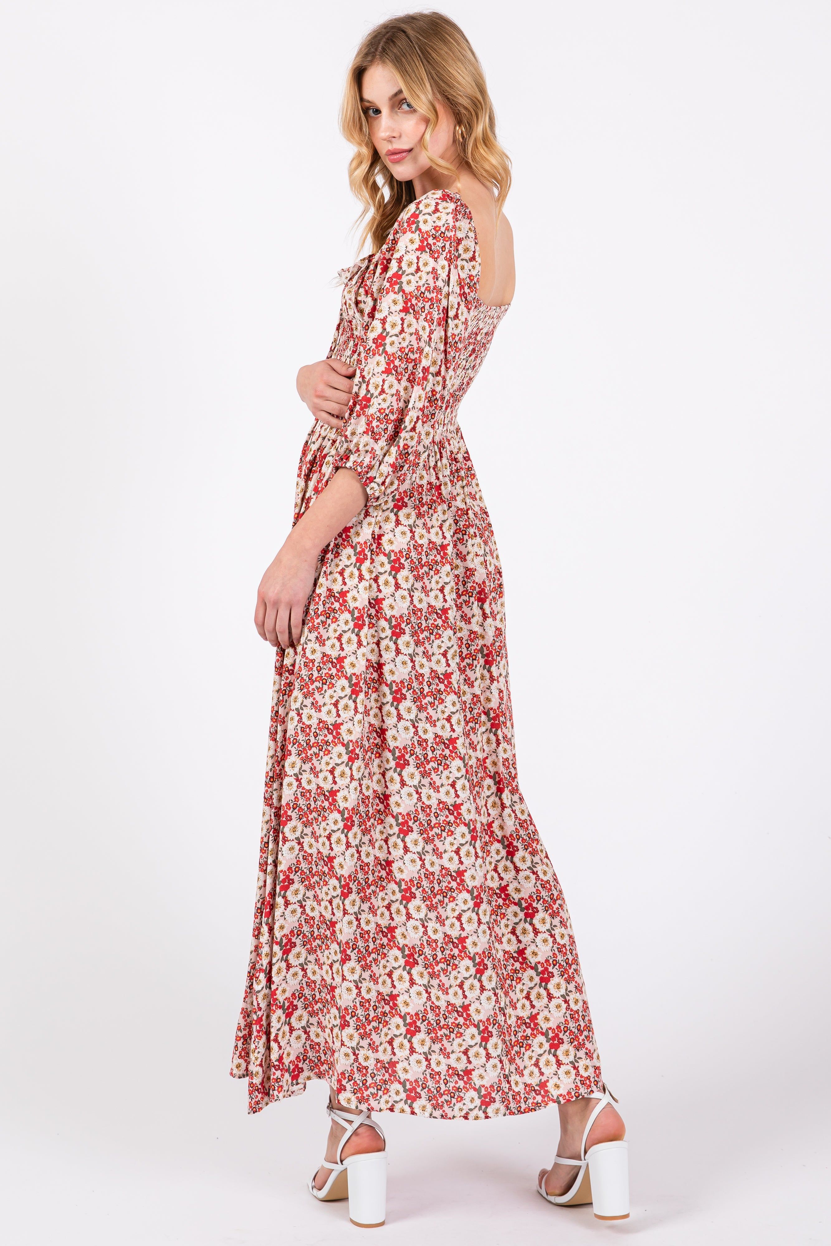 Red Abstract Floral Smocked Maxi Dress sold by Pinkblush product image thumbnail 3