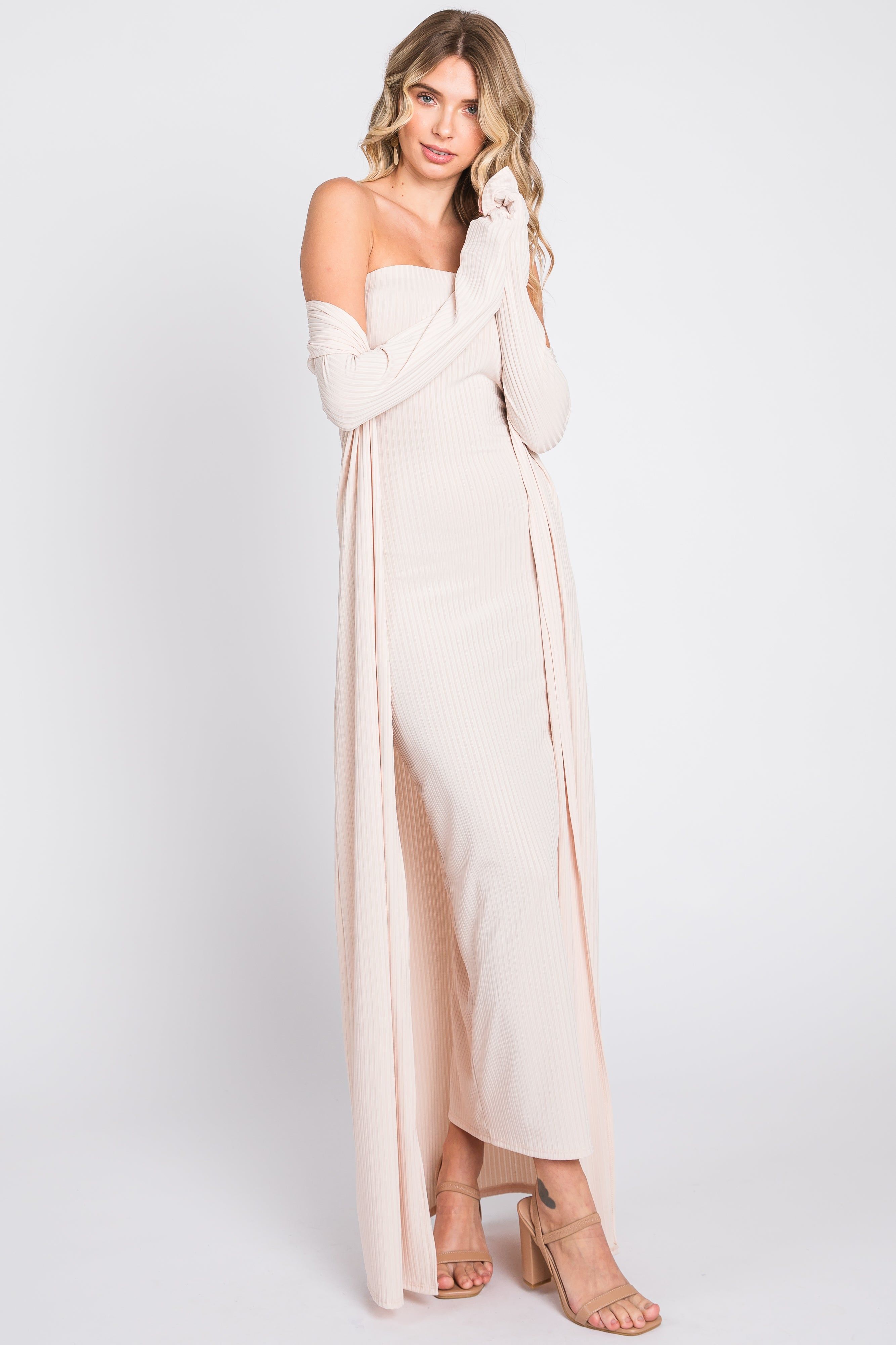 Cream Ribbed Sleeveless Dress Cardigan Set sold by Pinkblush product image thumbnail 4