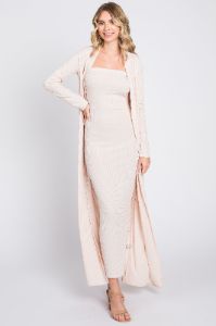 Cream Ribbed Sleeveless Dress Cardigan Set sold by Pinkblush