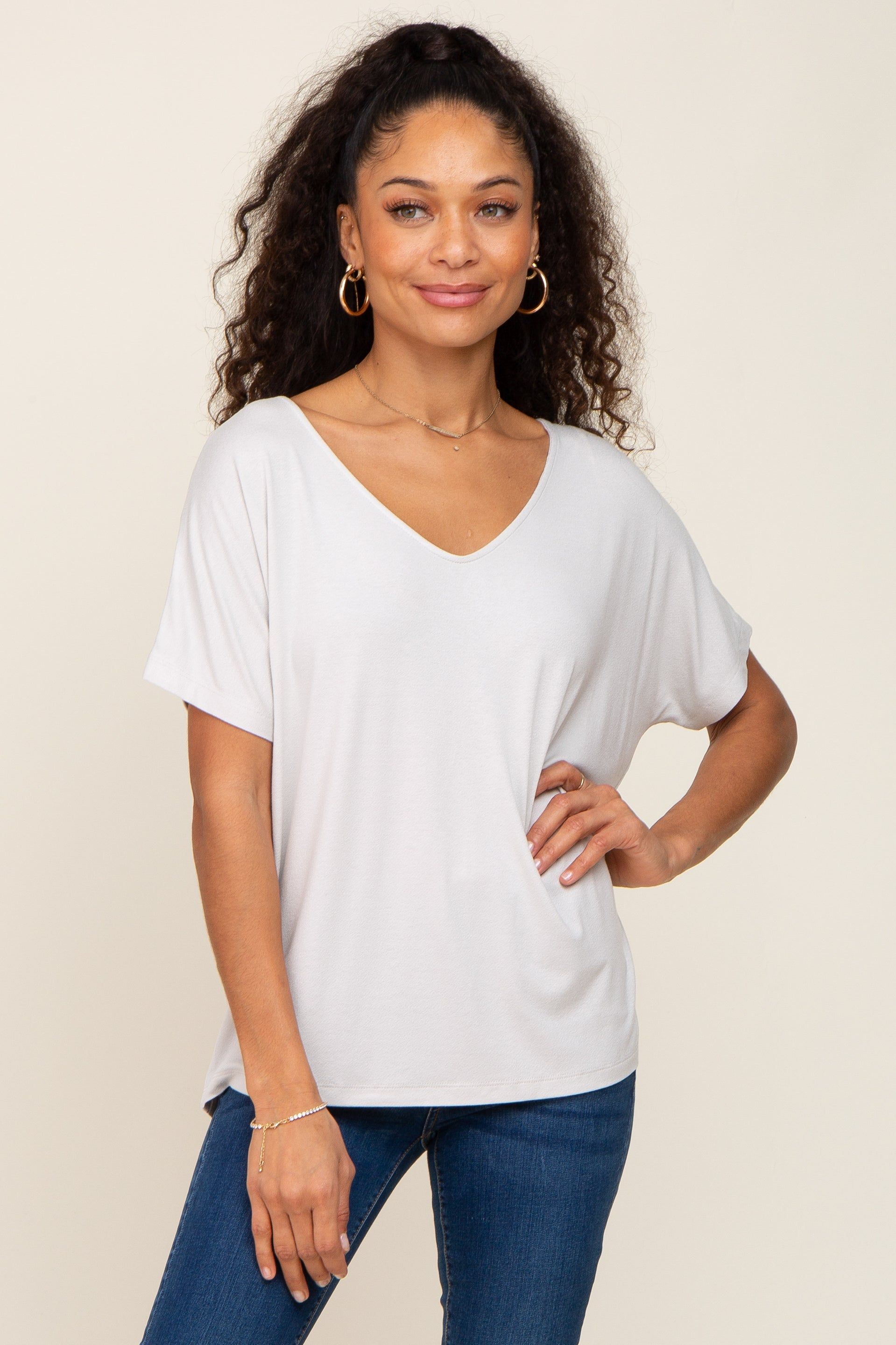 Light Grey V-Neck Maternity Dolman Sleeve Top sold by Pinkblush product image thumbnail 5