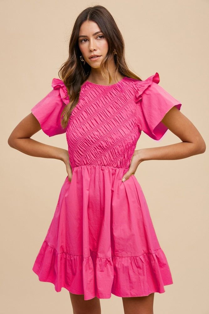 Hot Pink Bias Smocking Detail Mini Dress sold by Pinkblush