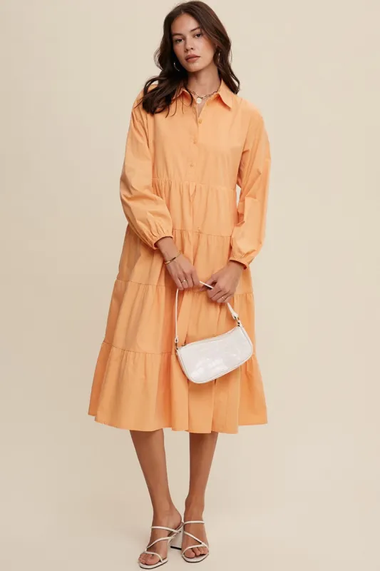 Peach Tiered Collared Midi Dress sold by Pinkblush