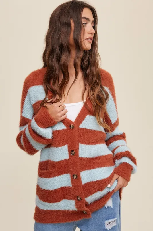Light Blue Striped Fuzzy Cardigan sold by Pinkblush