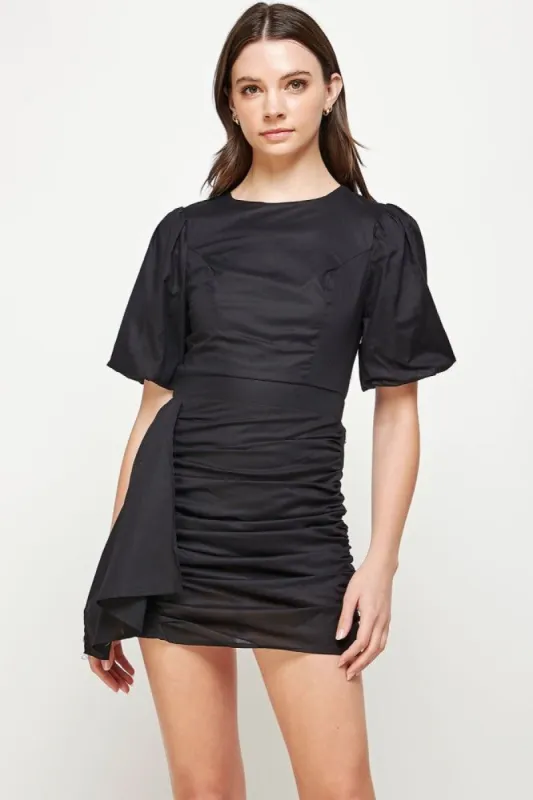 Black Ruched Short Puff Sleeve Mini Dress sold by Pinkblush