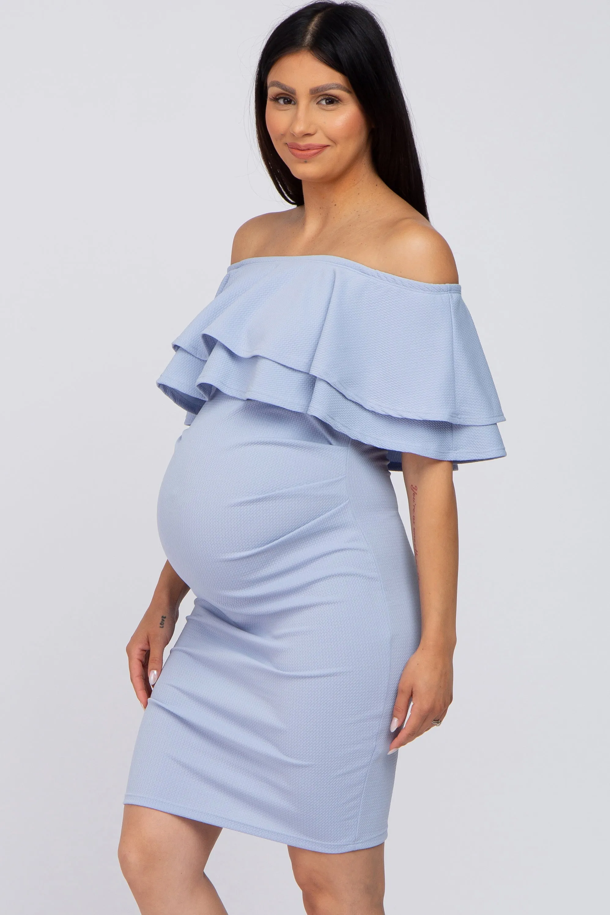 Light Blue Ruffle Off Shoulder Ruched Maternity Dress sold by Pinkblush product image thumbnail 2