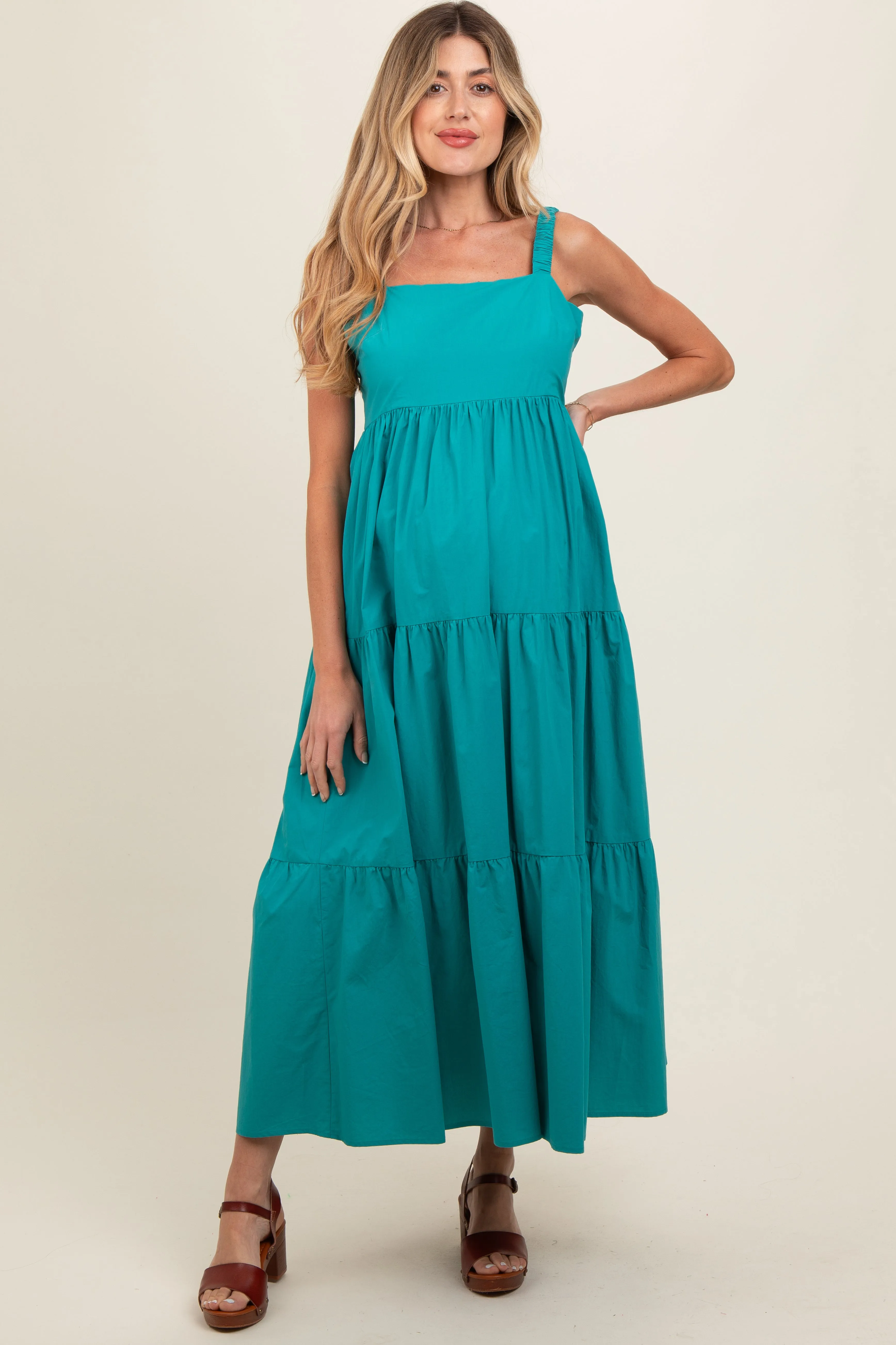 Teal Square Neck Cut Out Back Tiered Maternity Maxi Dress sold by Pinkblush