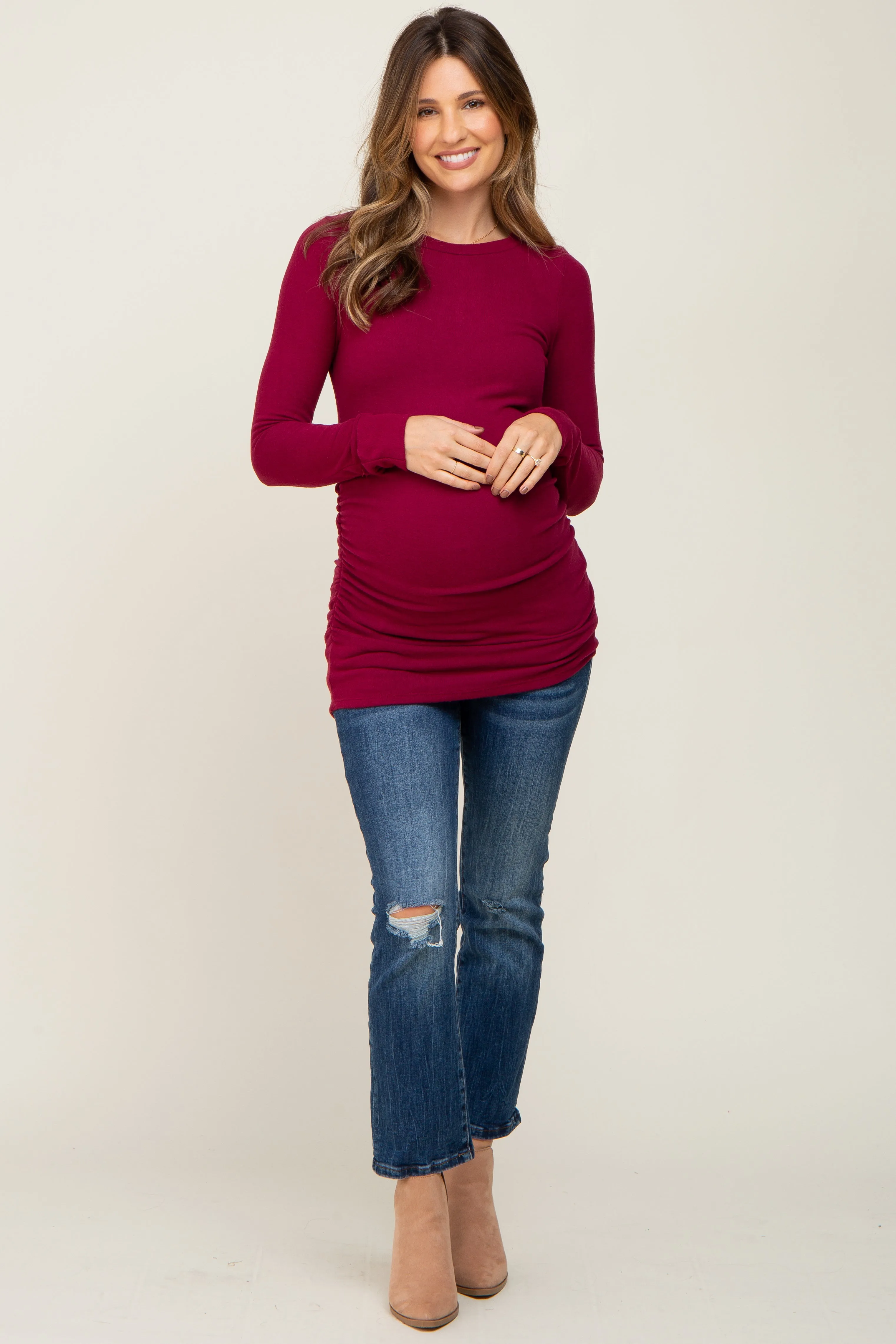 Burgundy Soft Knit Ruched Maternity Top sold by Pinkblush product image thumbnail 4