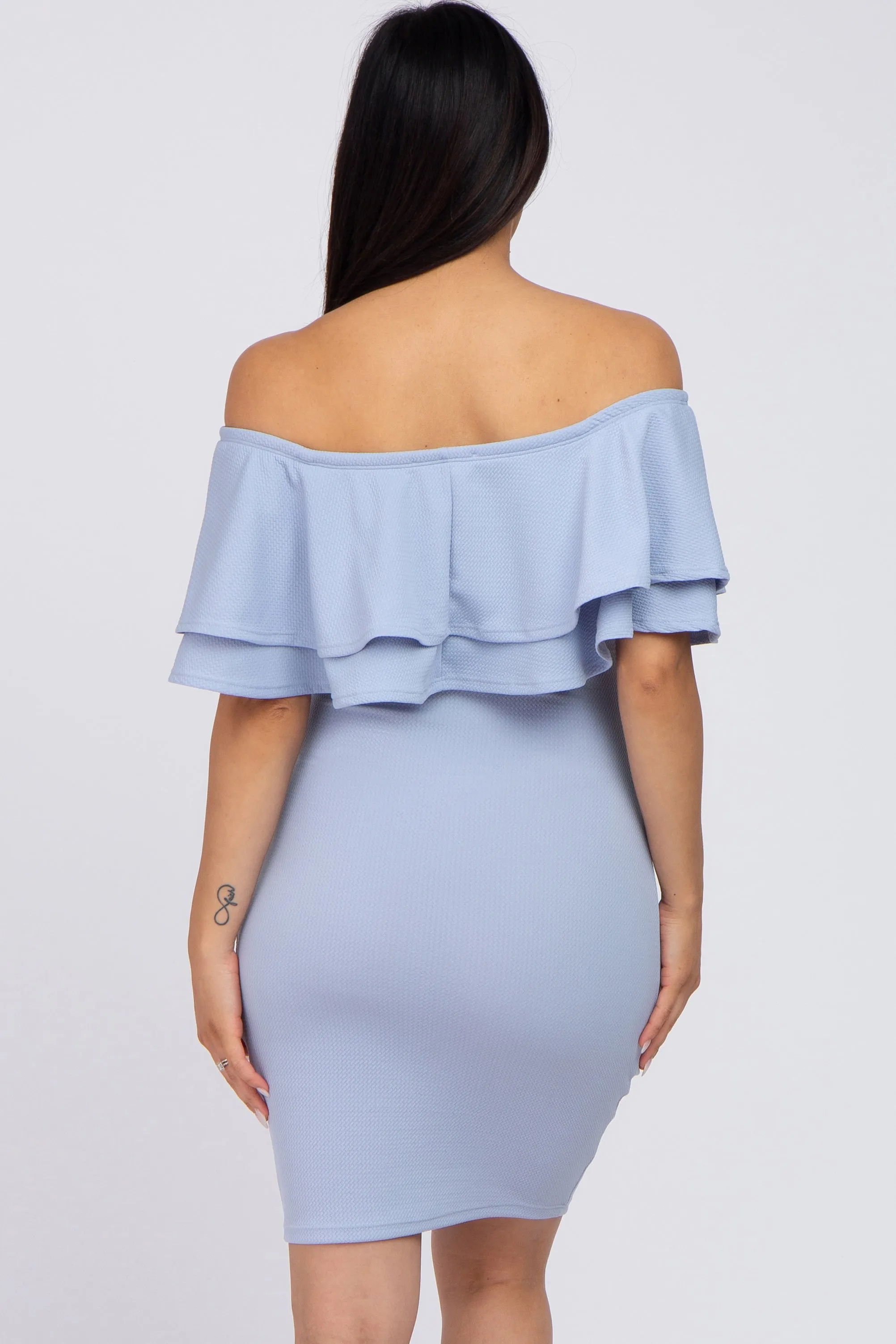 Light Blue Ruffle Off Shoulder Ruched Maternity Dress sold by Pinkblush product image thumbnail 3
