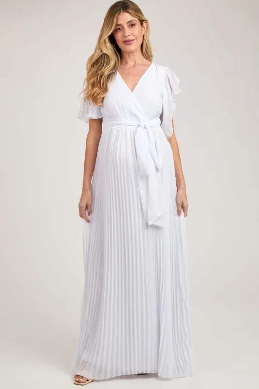 White Chiffon Wrap Front V-Neck Short Sleeve Pleated Maternity Maxi Dress sold by Pinkblush
