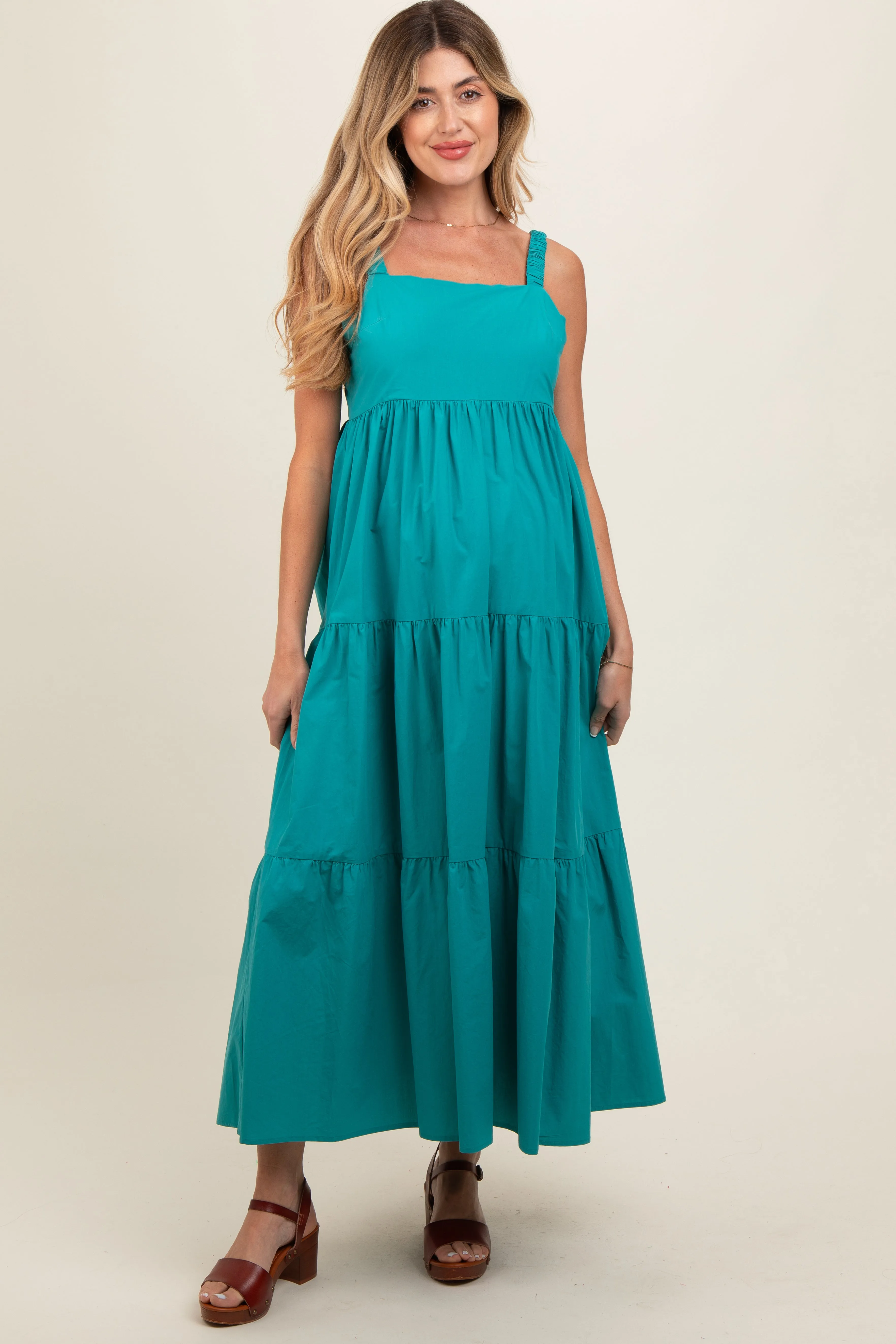 Teal Square Neck Cut Out Back Tiered Maternity Maxi Dress sold by Pinkblush product image thumbnail 2