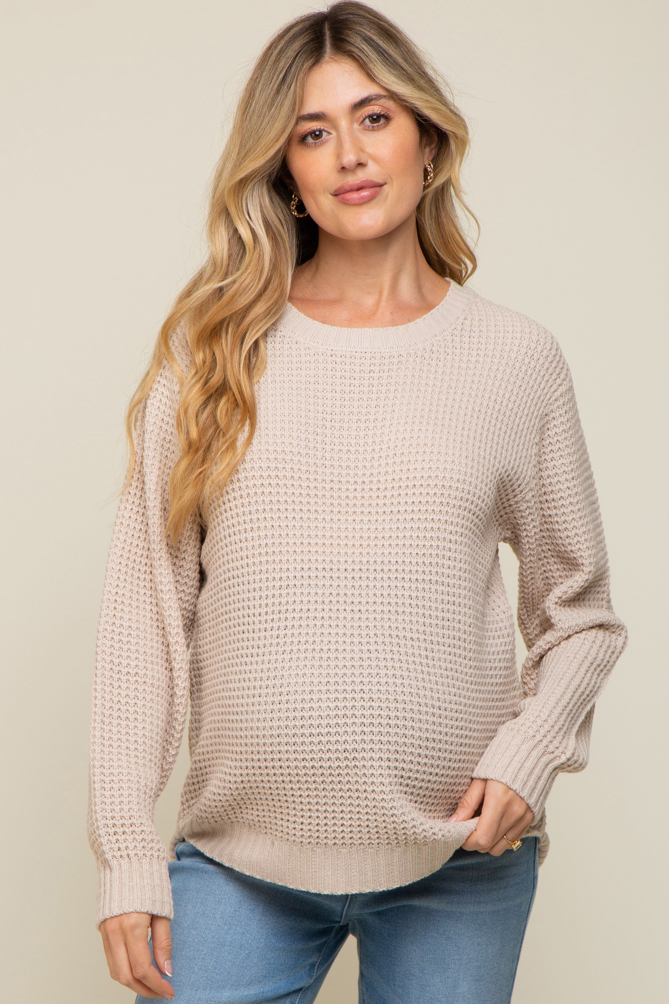 Beige Waffle Knit Round Hem Maternity Sweater sold by Pinkblush